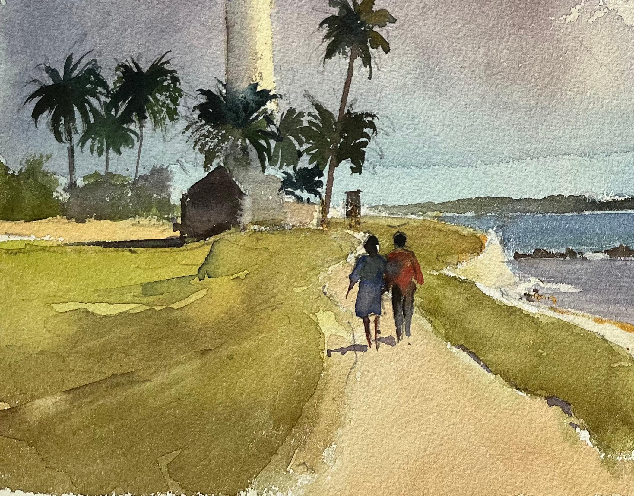 Acuarela impresionista británica de faro costero con palmeras - Landscape Painting Gris de Anthony Avery