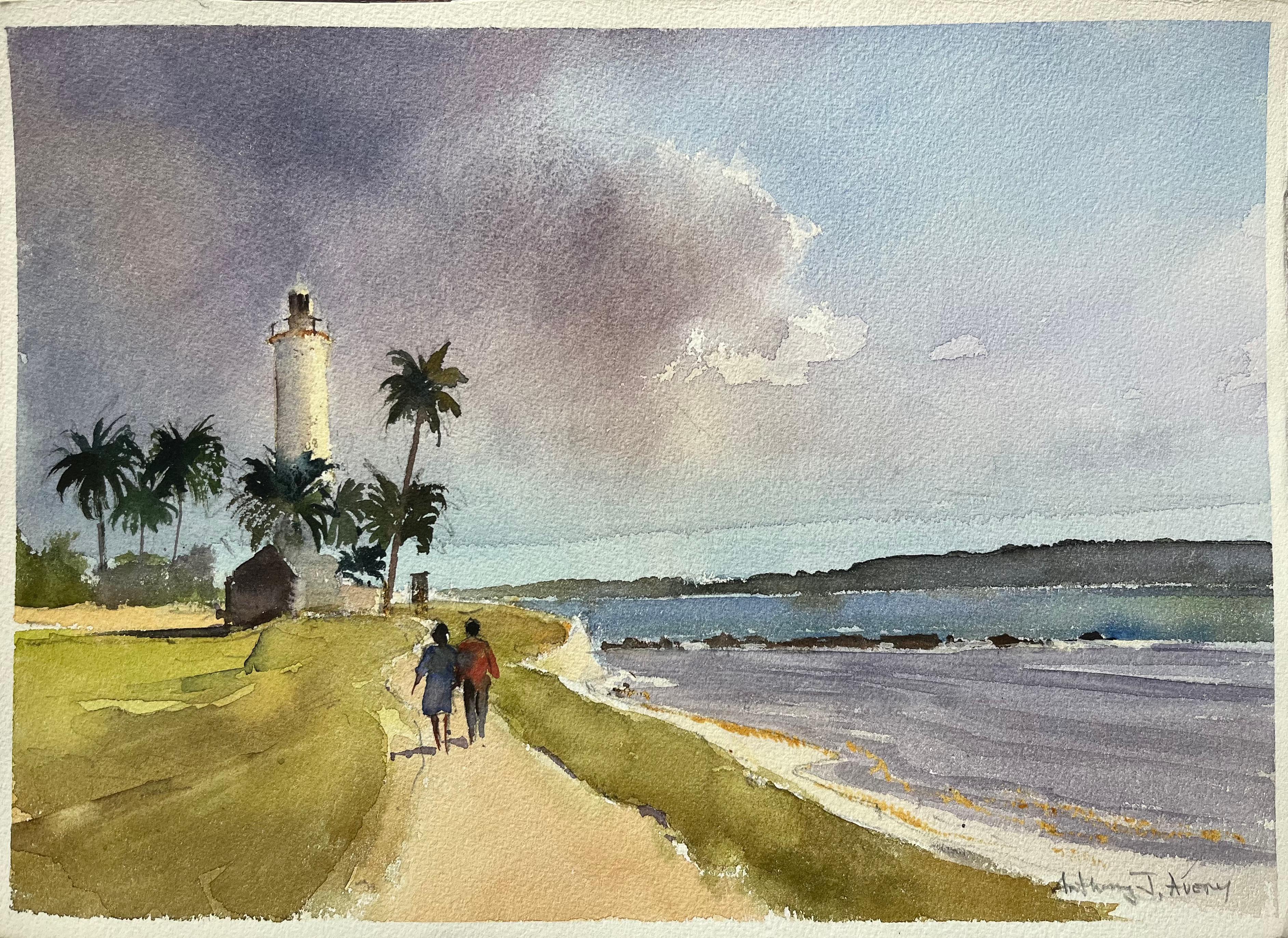 Landscape Painting de Anthony Avery - Acuarela impresionista británica de faro costero con palmeras