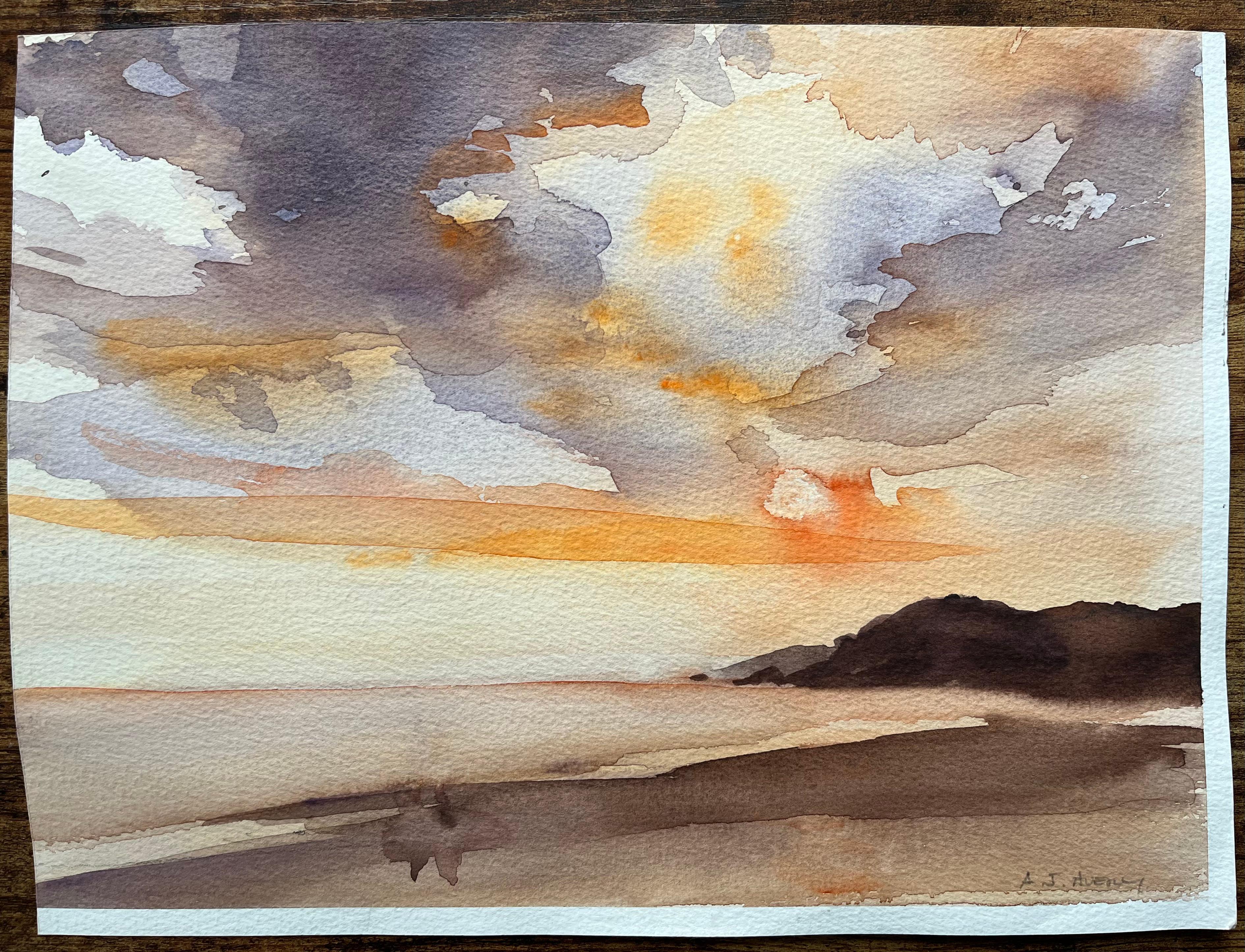 Aquarelle impressionniste britannique d'un coucher de soleil côtier avec des nuages dramatiques - Painting de Anthony Avery