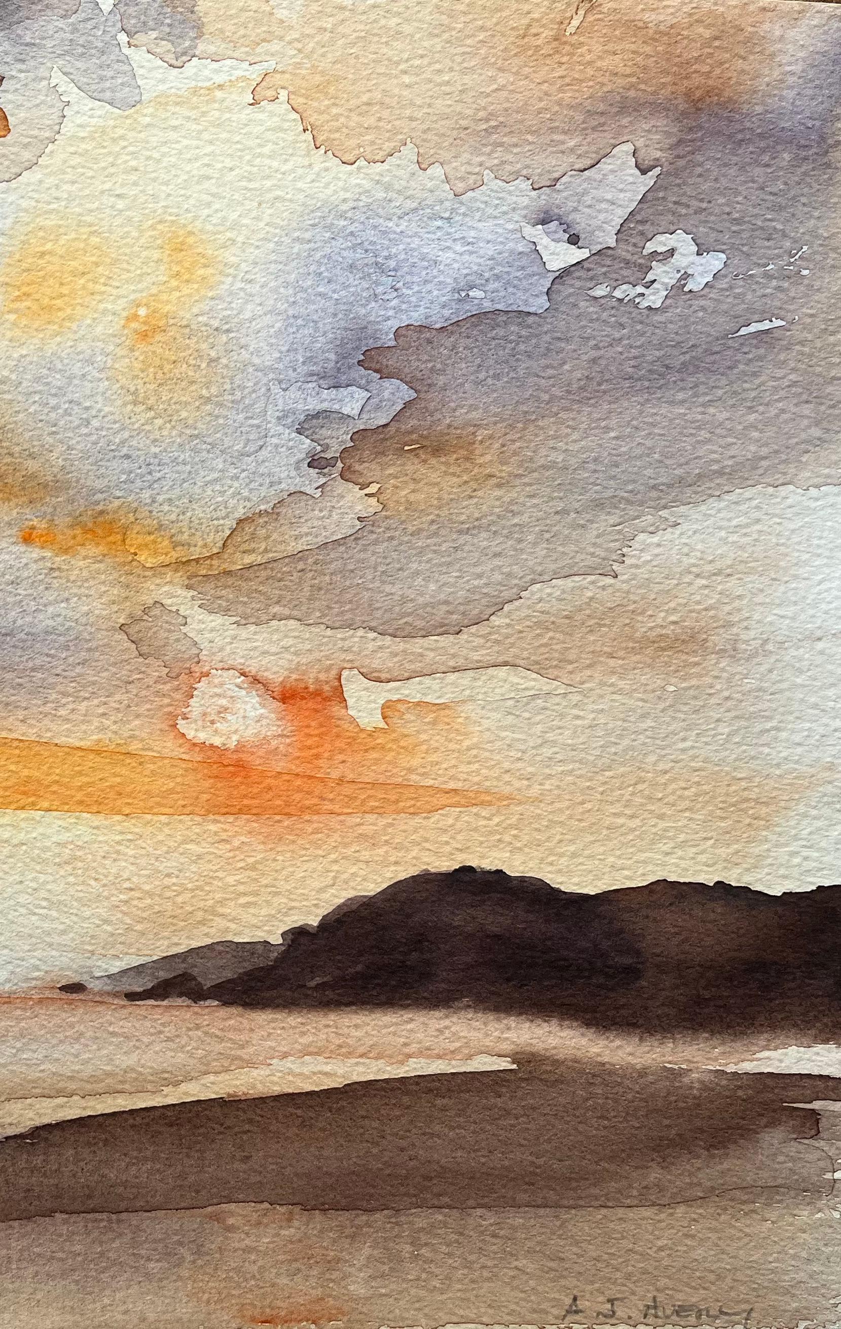 Aquarelle impressionniste britannique d'un coucher de soleil côtier avec des nuages dramatiques - Impressionnisme Painting par Anthony Avery