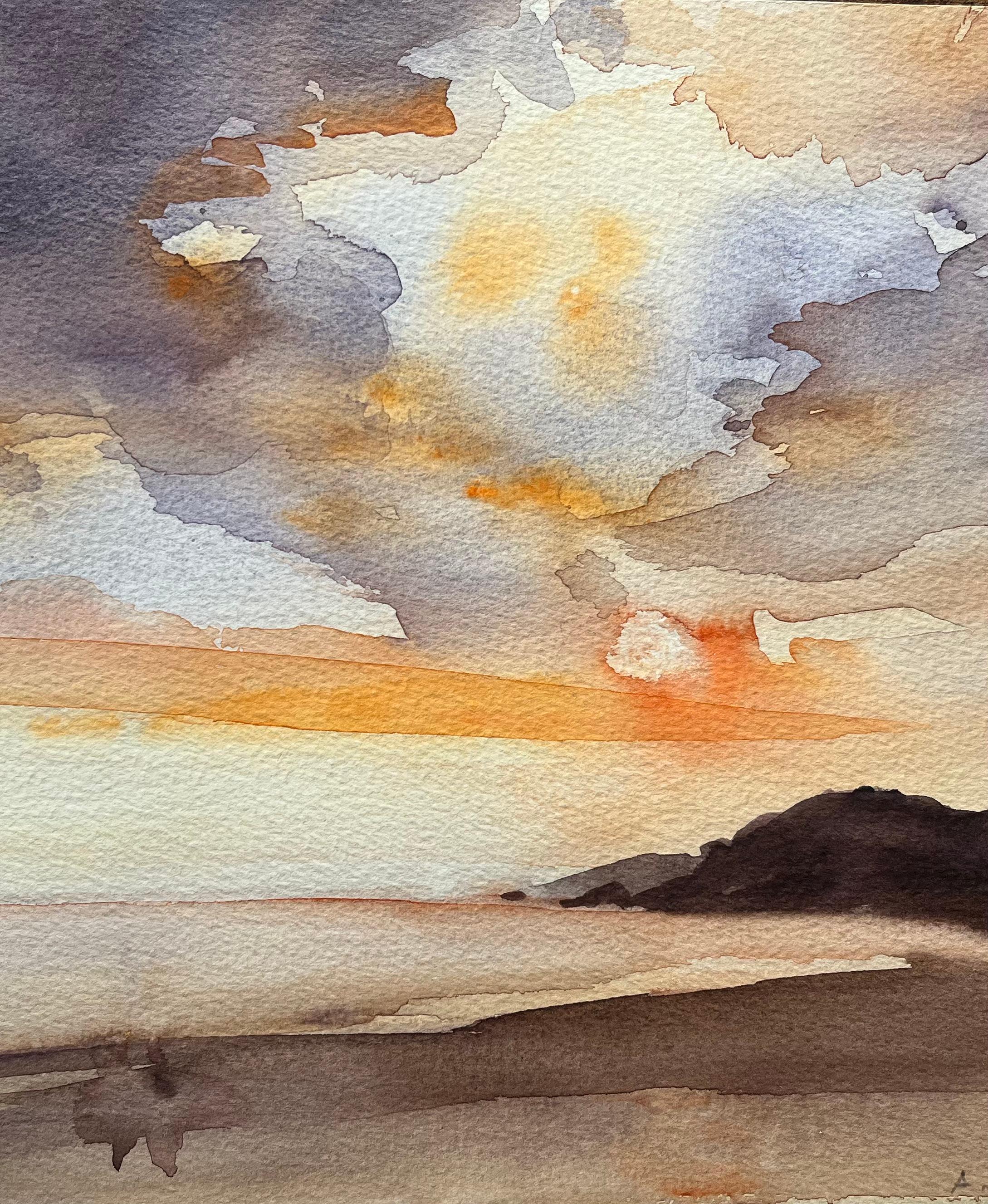 Aquarelle impressionniste britannique d'un coucher de soleil côtier avec des nuages dramatiques - Marron Landscape Painting par Anthony Avery