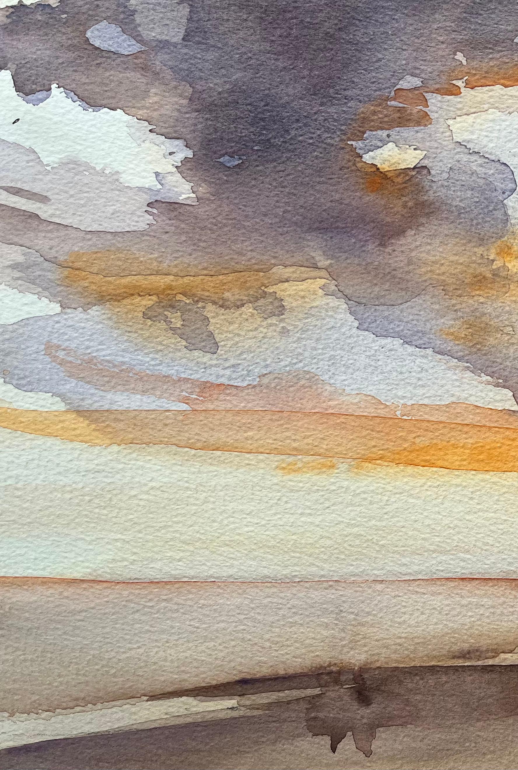 Titre : Aquarelle impressionniste britannique d'un coucher de soleil côtier avec des nuages dramatiques
par Anthony Avery (britannique 1946-2023)
Aquarelle originale sur papier d'artiste, non encadrée
Dimensions : 11,5 x 15,25 pouces (hauteur x