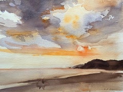 Britisches impressionistisches Aquarell eines Küsten Sonnenuntergangs mit dramatischen Wolken