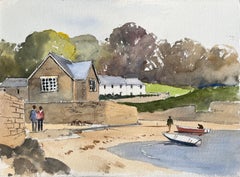 Aquarelle impressionniste britannique d'une scène de village côtier avec des bateaux et des personnages