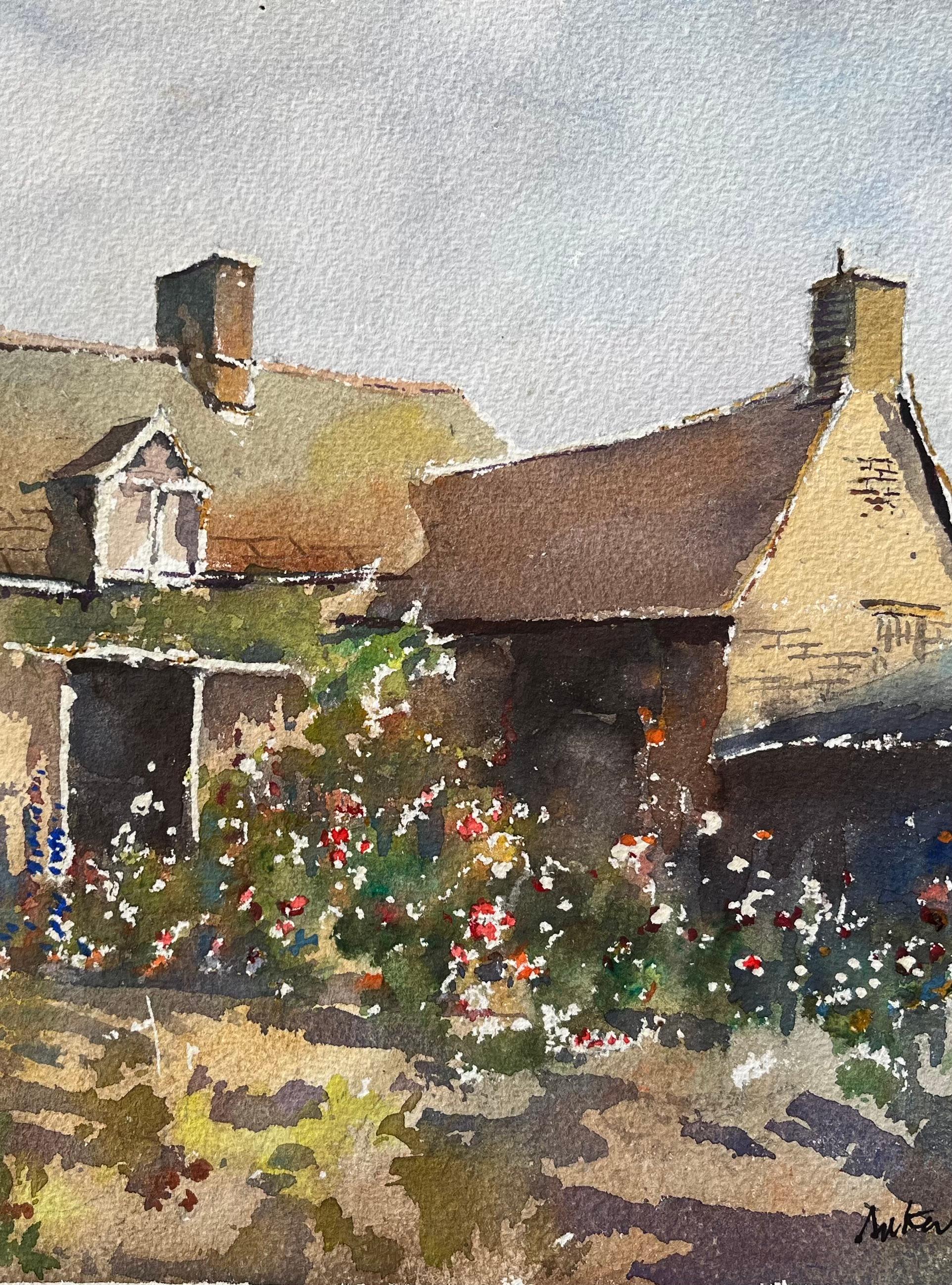 Britisches impressionistisches Aquarell eines Cottage-Gartens in Blüte (Braun), Landscape Painting, von Anthony Avery
