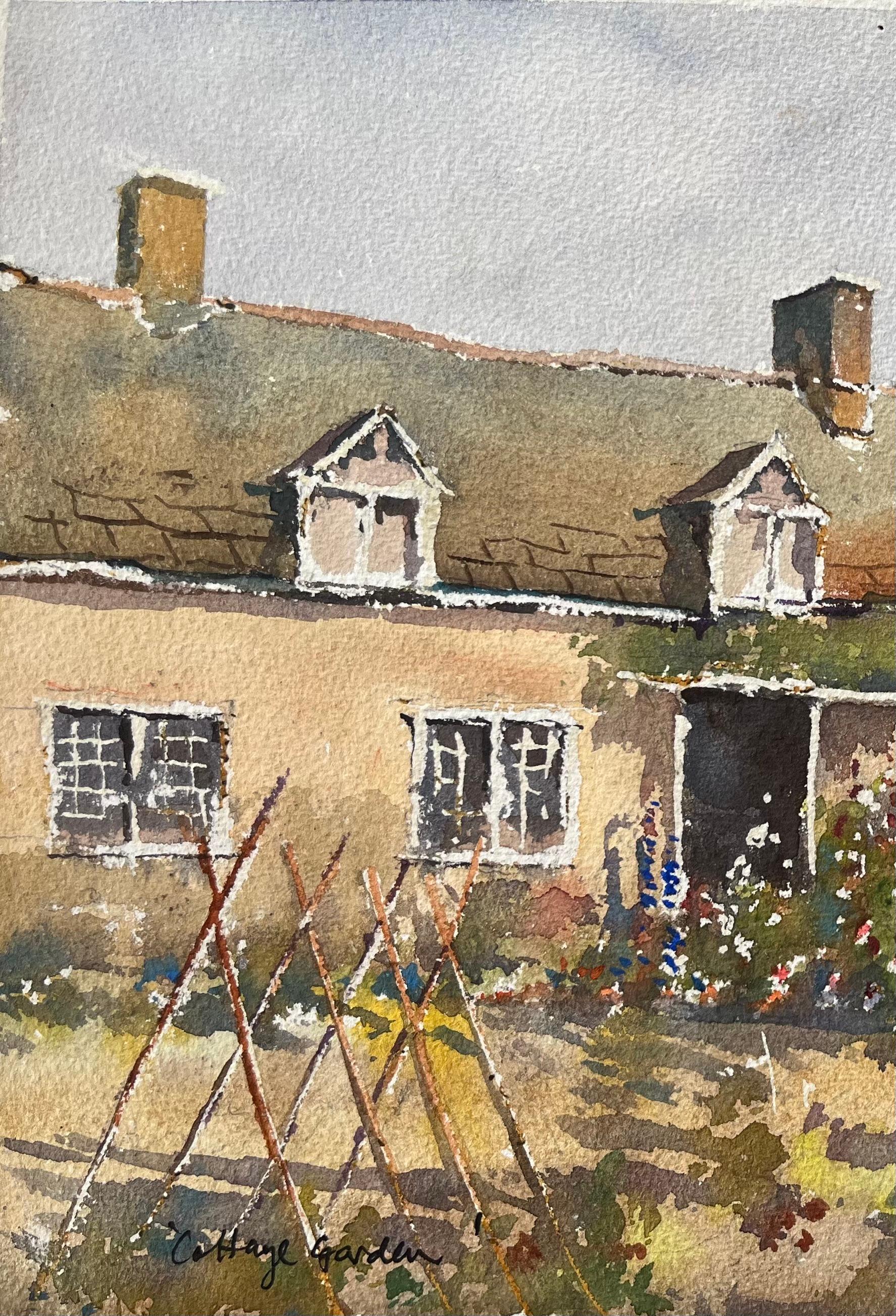 Britisches impressionistisches Aquarell eines Cottage-Gartens in Blüte im Angebot 1