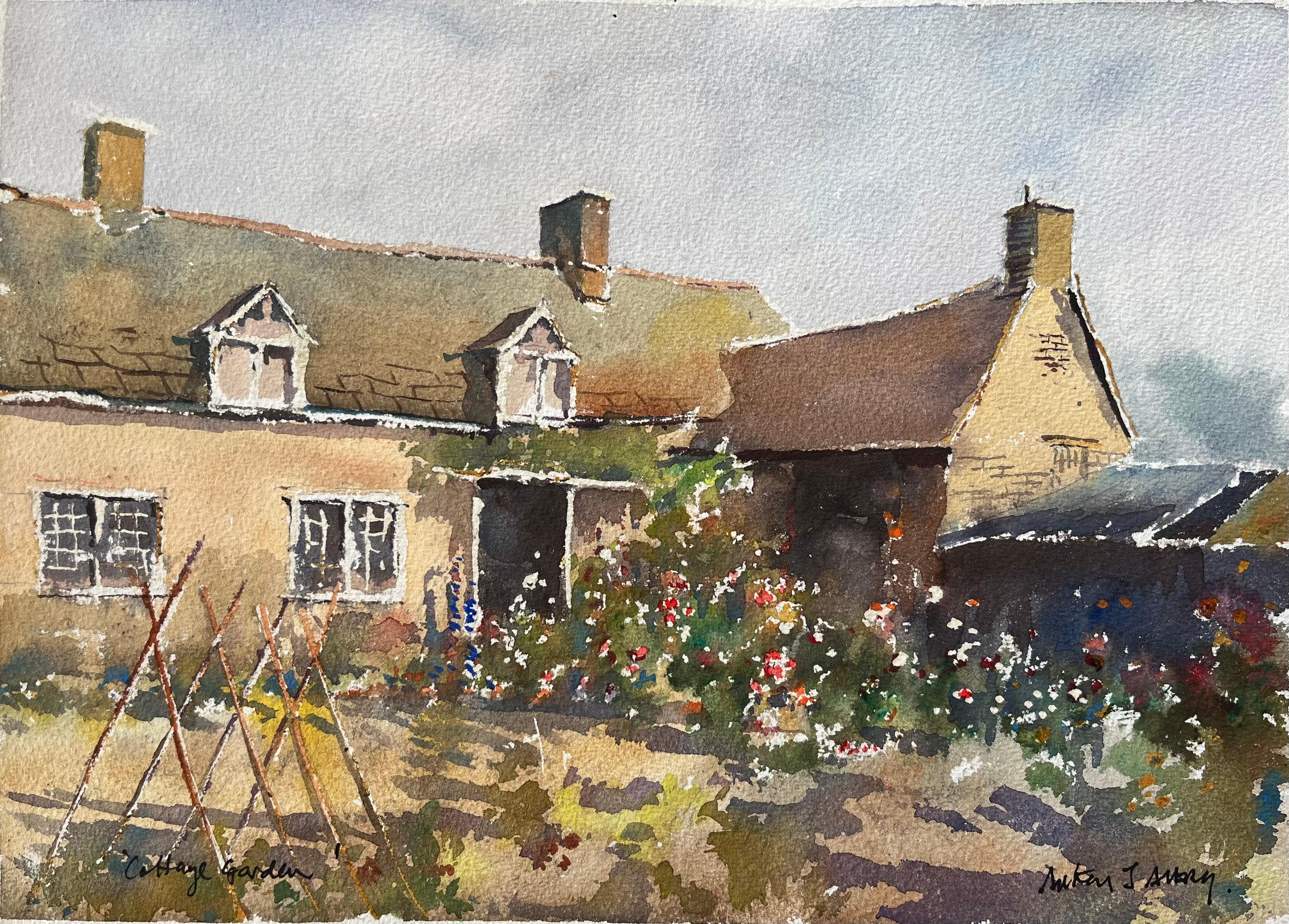 Britisches impressionistisches Aquarell eines Cottage-Gartens in Blüte