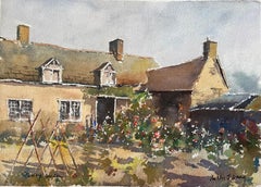 British Impressionist Watercolor of Cottage Garden in Bloom