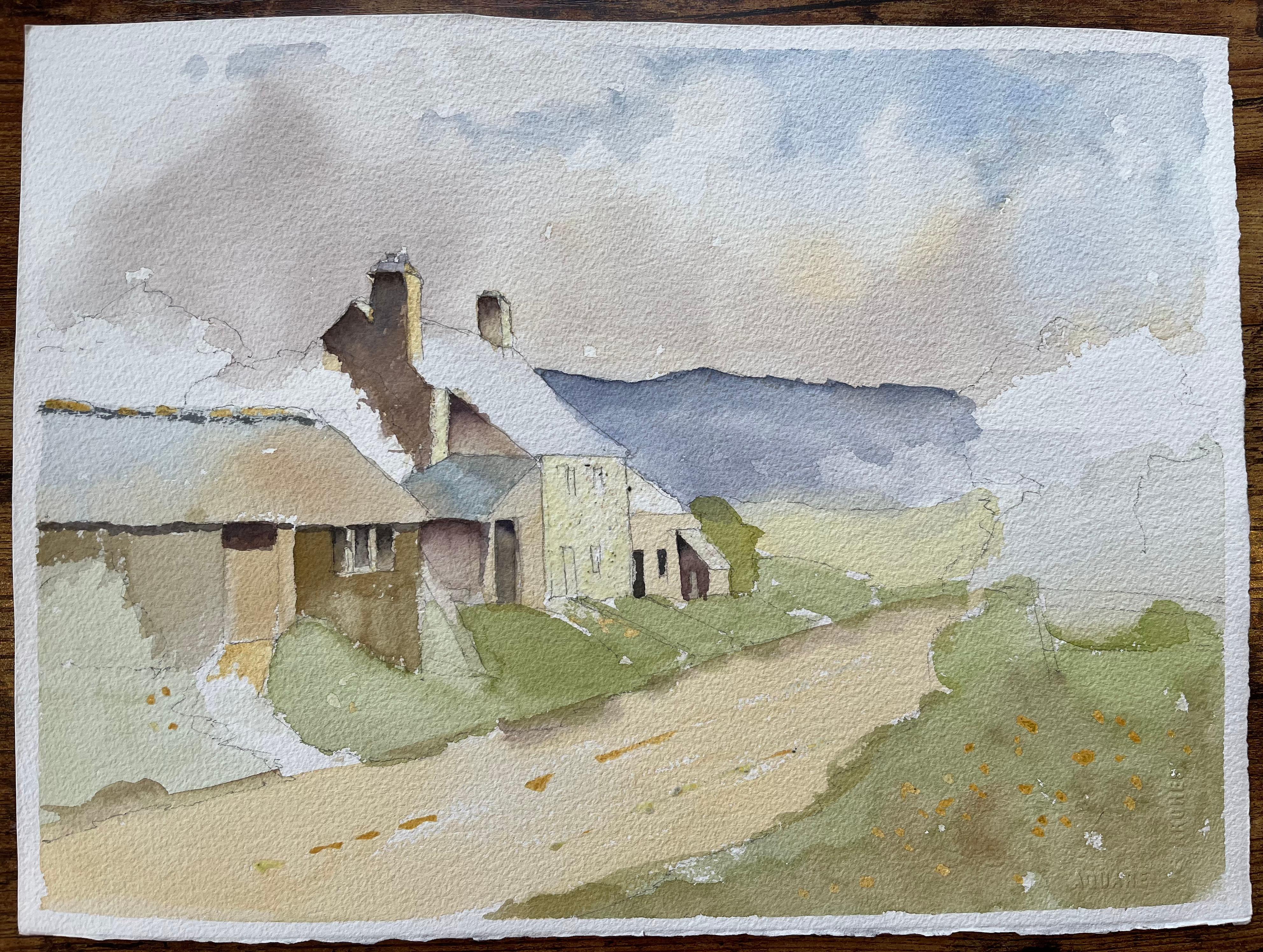 Aquarelle impressionniste britannique représentant des cottages le long d'une colline - Painting de Anthony Avery