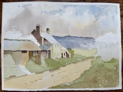 British Impressionist Watercolor of Cottages Along a Country Lane