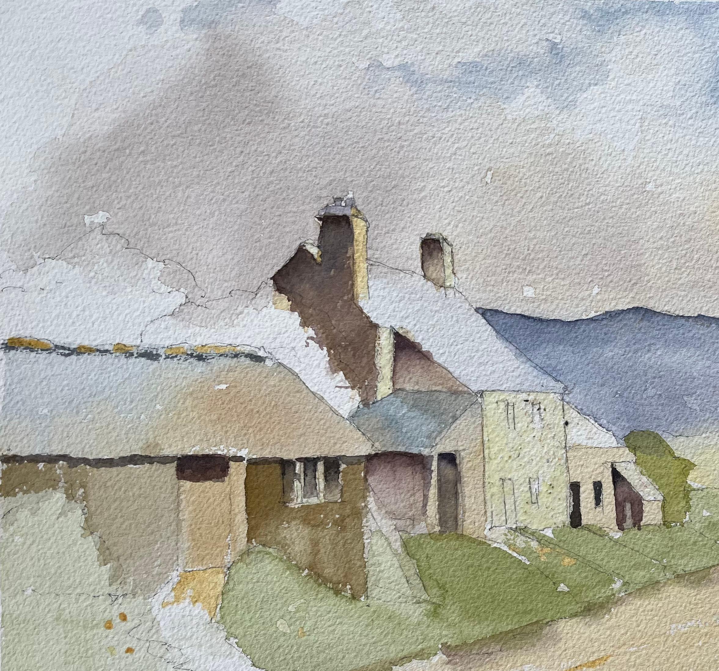 Aquarelle impressionniste britannique représentant des cottages le long d'une colline - Impressionnisme Painting par Anthony Avery