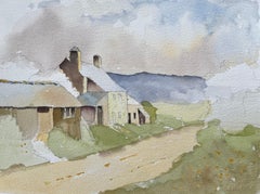 British Impressionist Watercolor of Cottages Along a Country Lane