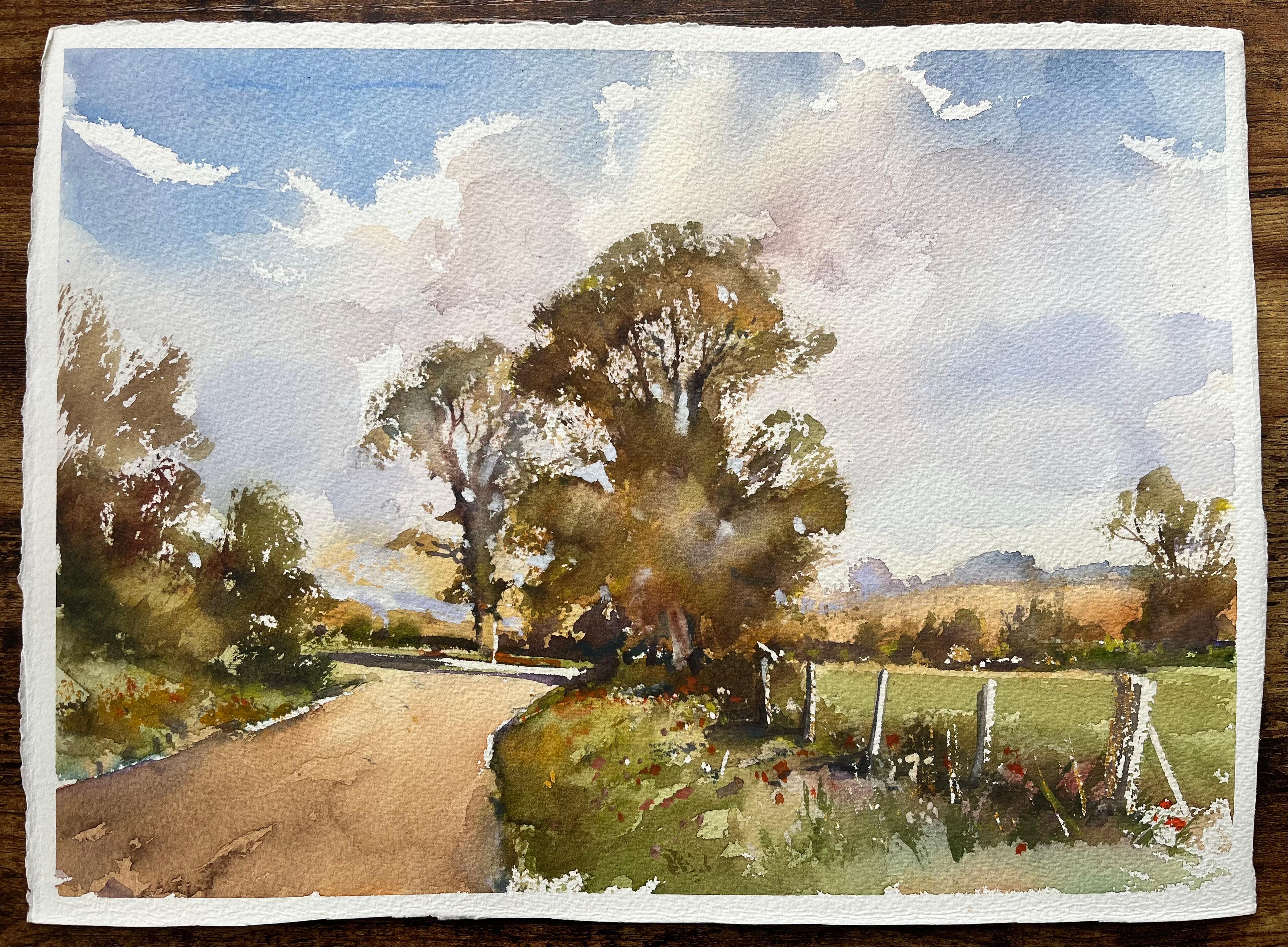 Britischer Impressionist Aquarell von Country Lane's mit Herbstbäumen – Painting von Anthony Avery