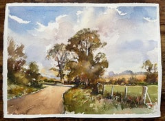 British Impressionist Watercolor of Country Lane with Autumn Trees