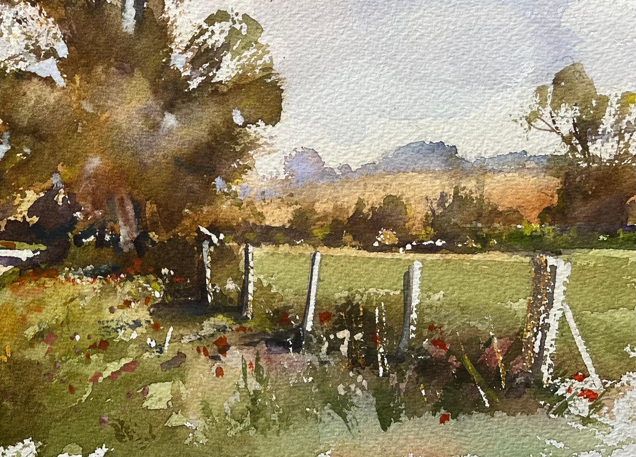 Britischer Impressionist Aquarell von Country Lane's mit Herbstbäumen (Impressionismus), Painting, von Anthony Avery