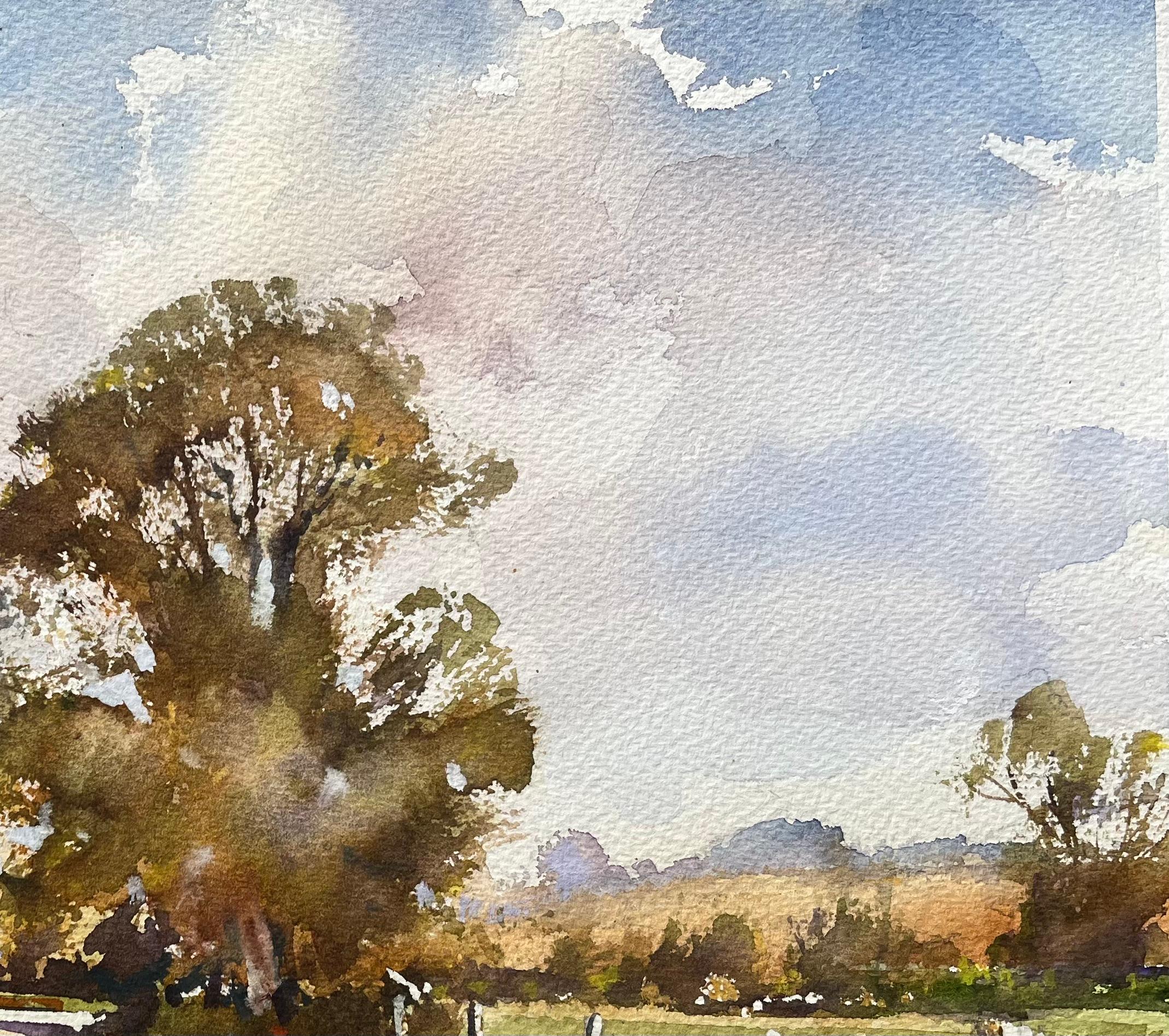 Britischer Impressionist Aquarell von Country Lane's mit Herbstbäumen (Beige), Landscape Painting, von Anthony Avery