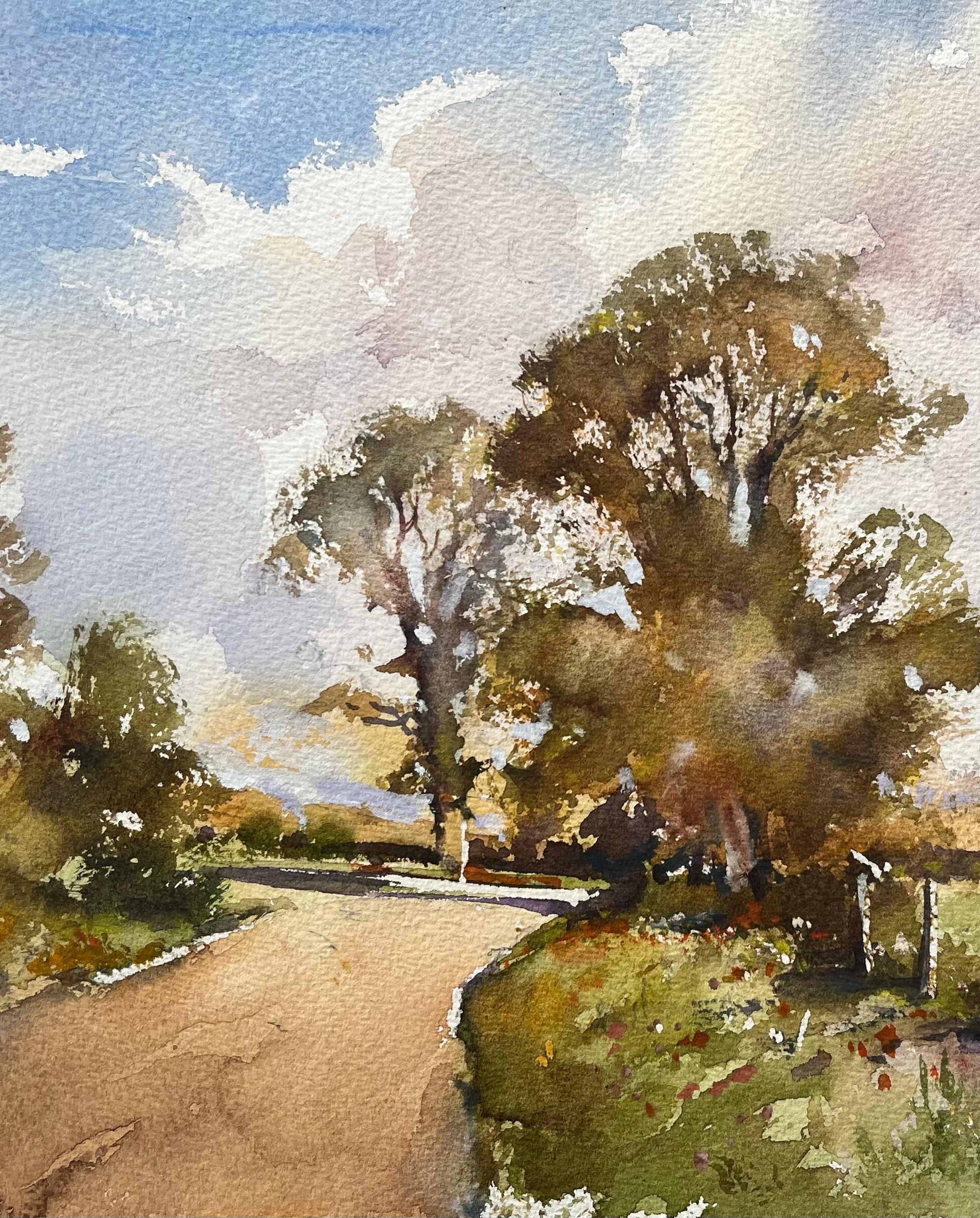 Titel: Britischer Impressionist Aquarell einer Country Lane's mit Herbstbäumen
von Anthony Avery (Brite 1946-2023)
Original-Aquarell auf Künstlerpapier, ungerahmt
Abmessungen: 11 x 15,25 Zoll (Höhe x Breite)
Zustand: Gut 
Provenienz: aus einer
