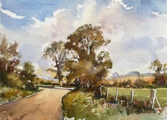 Britischer Impressionist Aquarell von Country Lane's mit Herbstbäumen