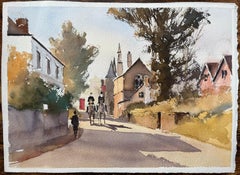 British Impressionist Watercolor of Country Lane with Equestrian Riders