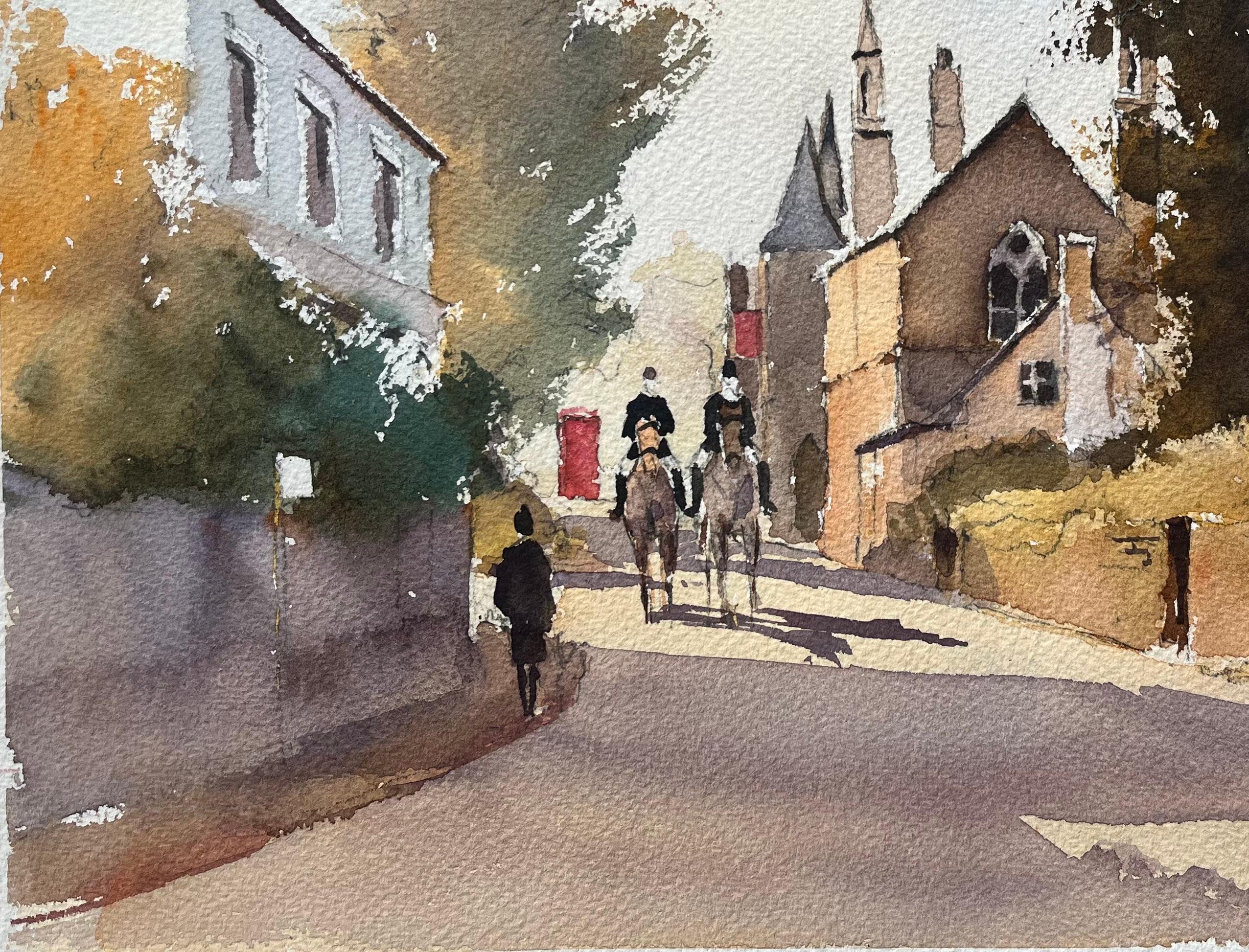 Titel: Britischer Impressionist Aquarell von Country Lane's mit Reitern
von Anthony Avery (Brite 1946-2023)
Original-Aquarell auf Künstlerpapier, ungerahmt
Abmessungen: 11 x 15 Zoll (Höhe x Breite)
Zustand: Gut 
Provenienz: aus einer großen Sammlung