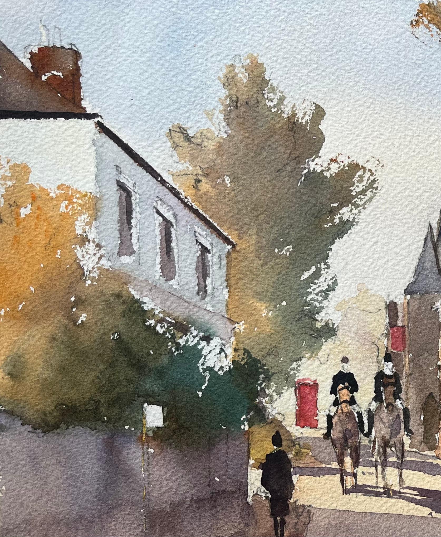 British Impressionist Watercolor of Country Lane with Equestrian Riders im Angebot 1