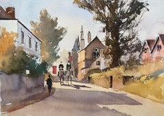 British Impressionist Watercolor of Country Lane with Equestrian Riders