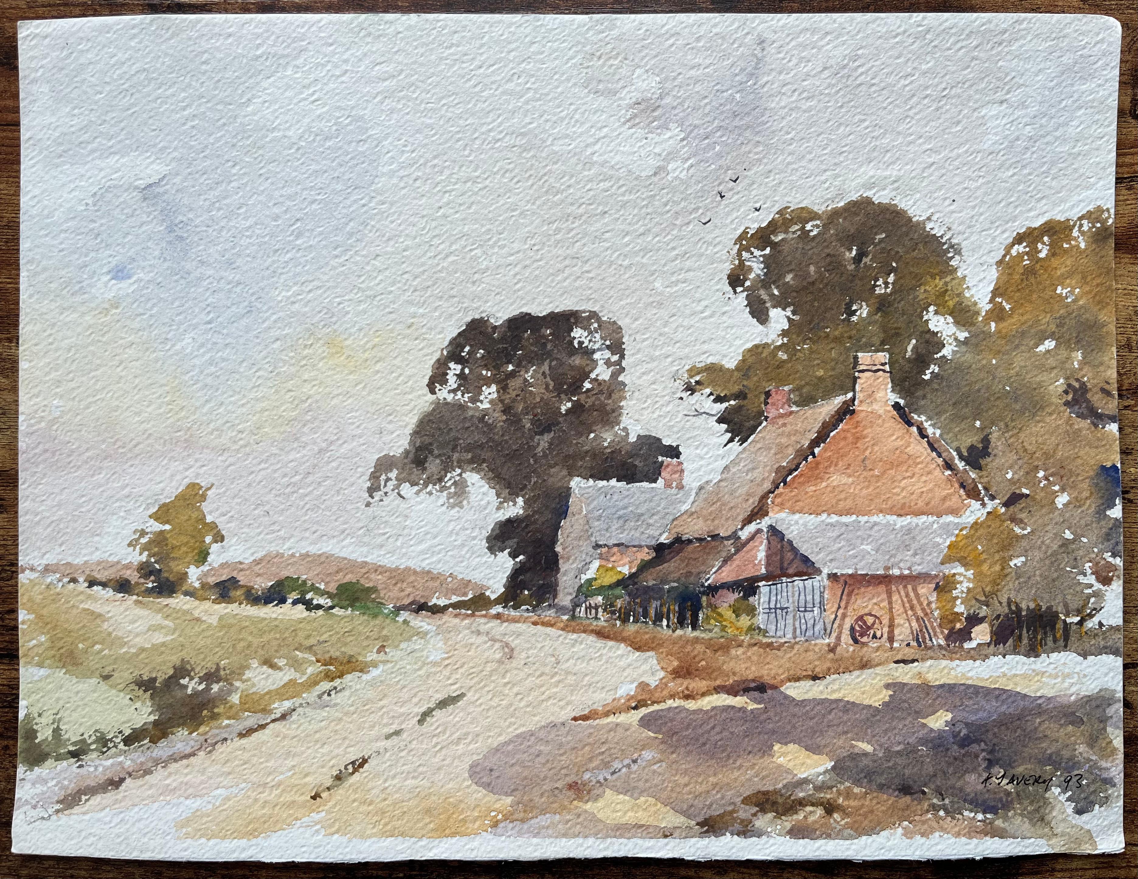 Aquarelle impressionniste britannique d'un chemin de campagne avec une chaumière - Painting de Anthony Avery