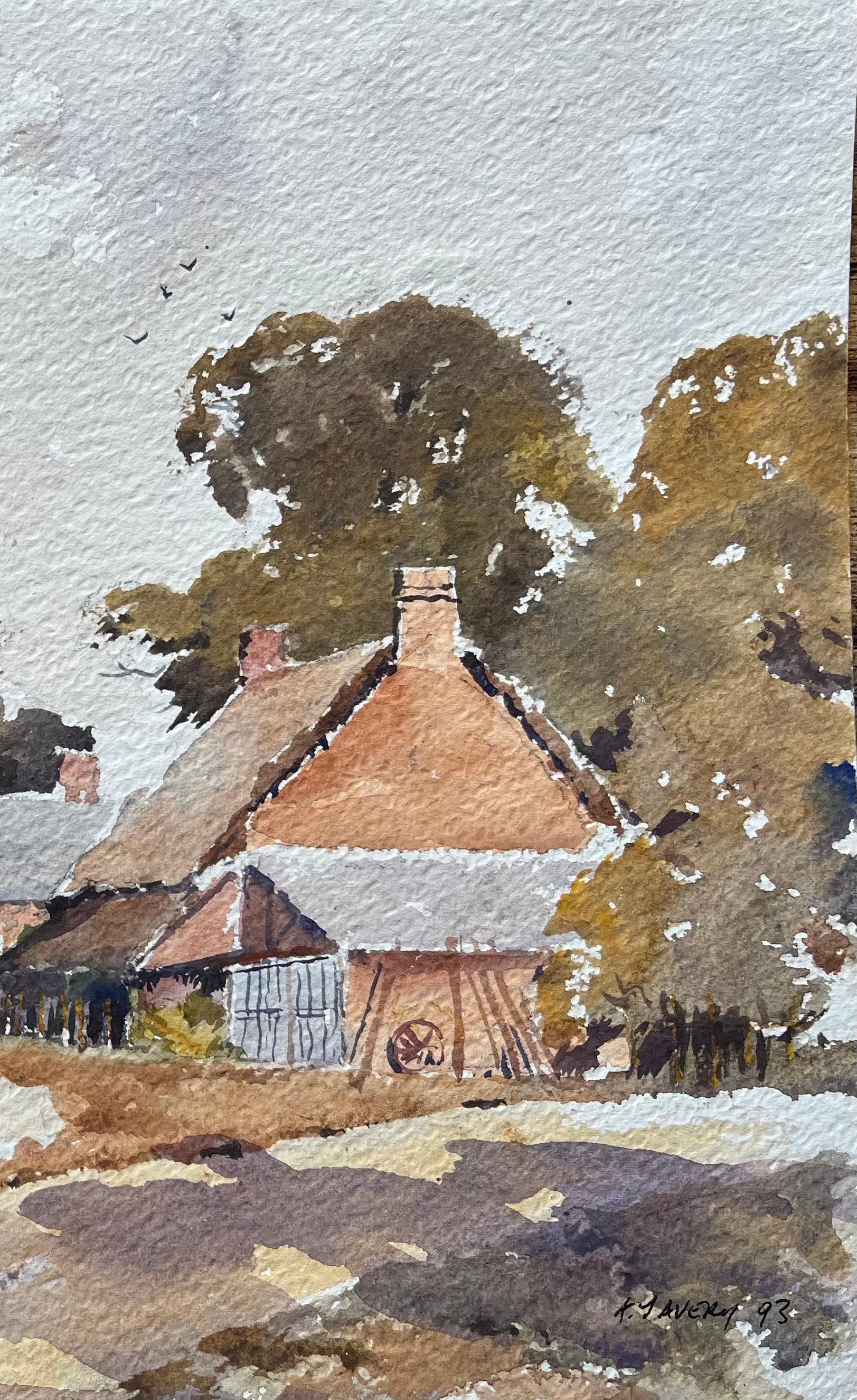 Aquarelle impressionniste britannique d'un chemin de campagne avec une chaumière - Impressionnisme Painting par Anthony Avery