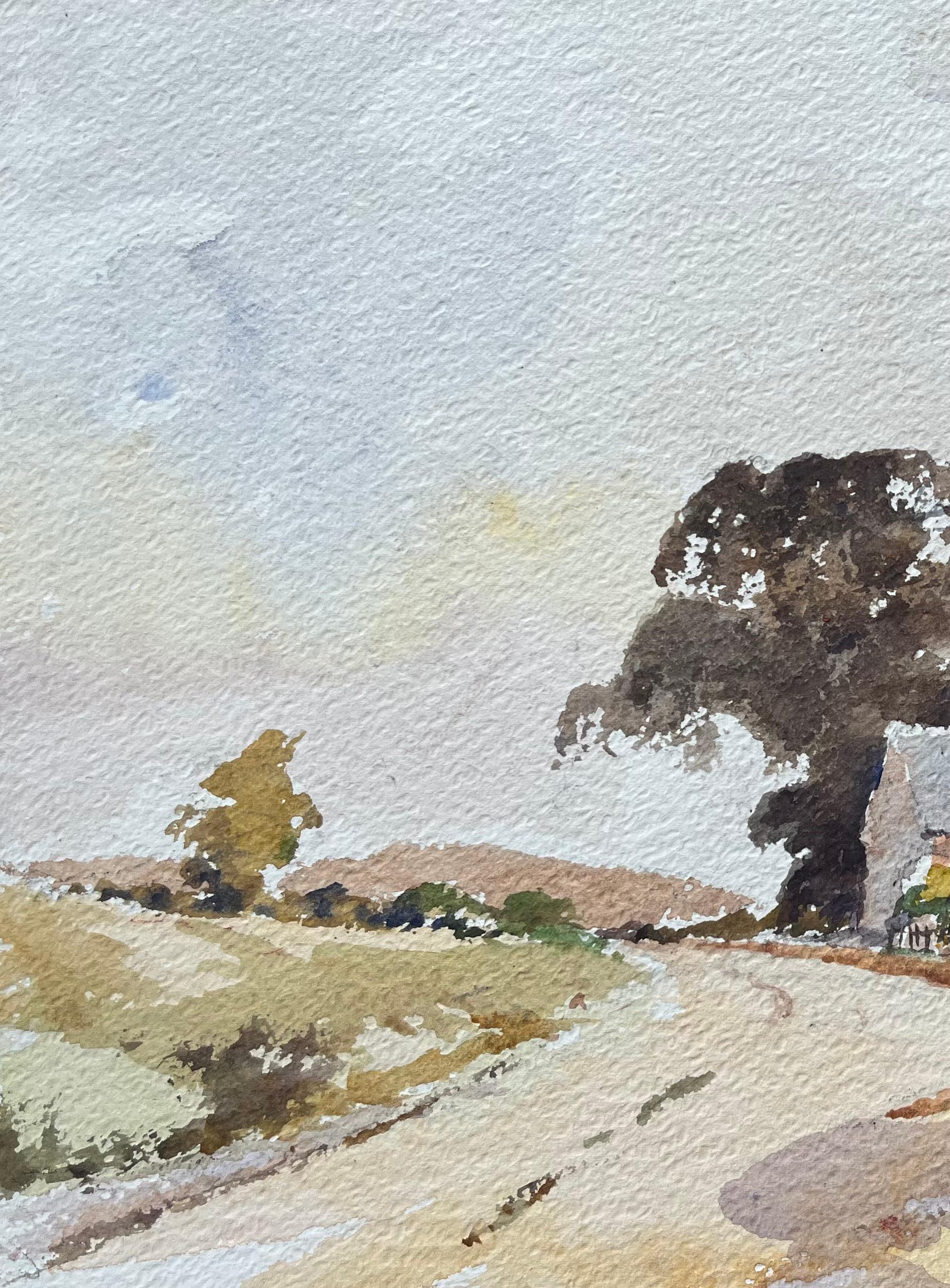 Aquarelle impressionniste britannique d'un chemin de campagne avec une chaumière - Gris Landscape Painting par Anthony Avery