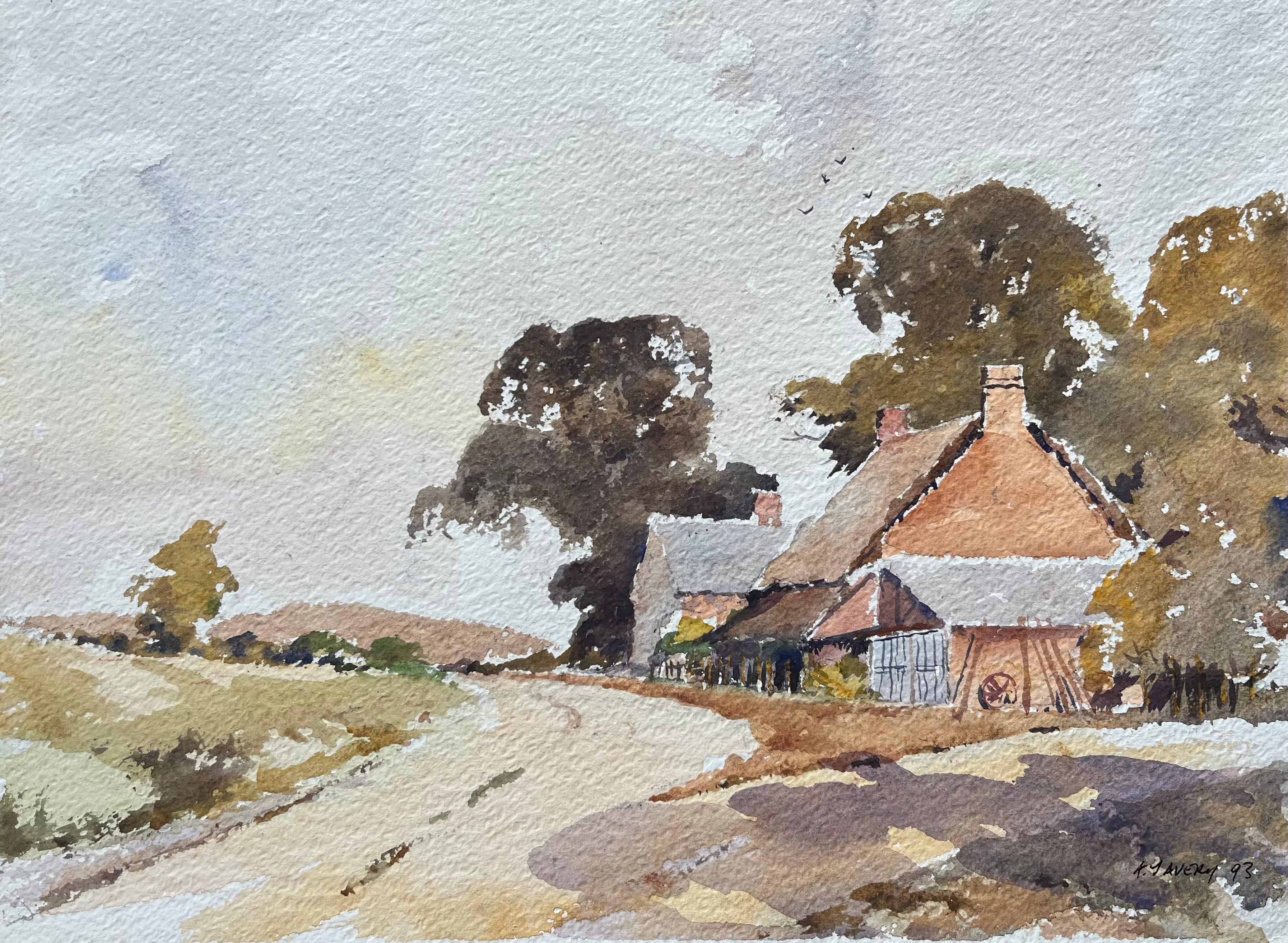 Britischer Impressionist Aquarell von Country Lane's mit Reetdachhaus
