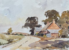 Britischer Impressionist Aquarell von Country Lane's mit Reetdachhaus