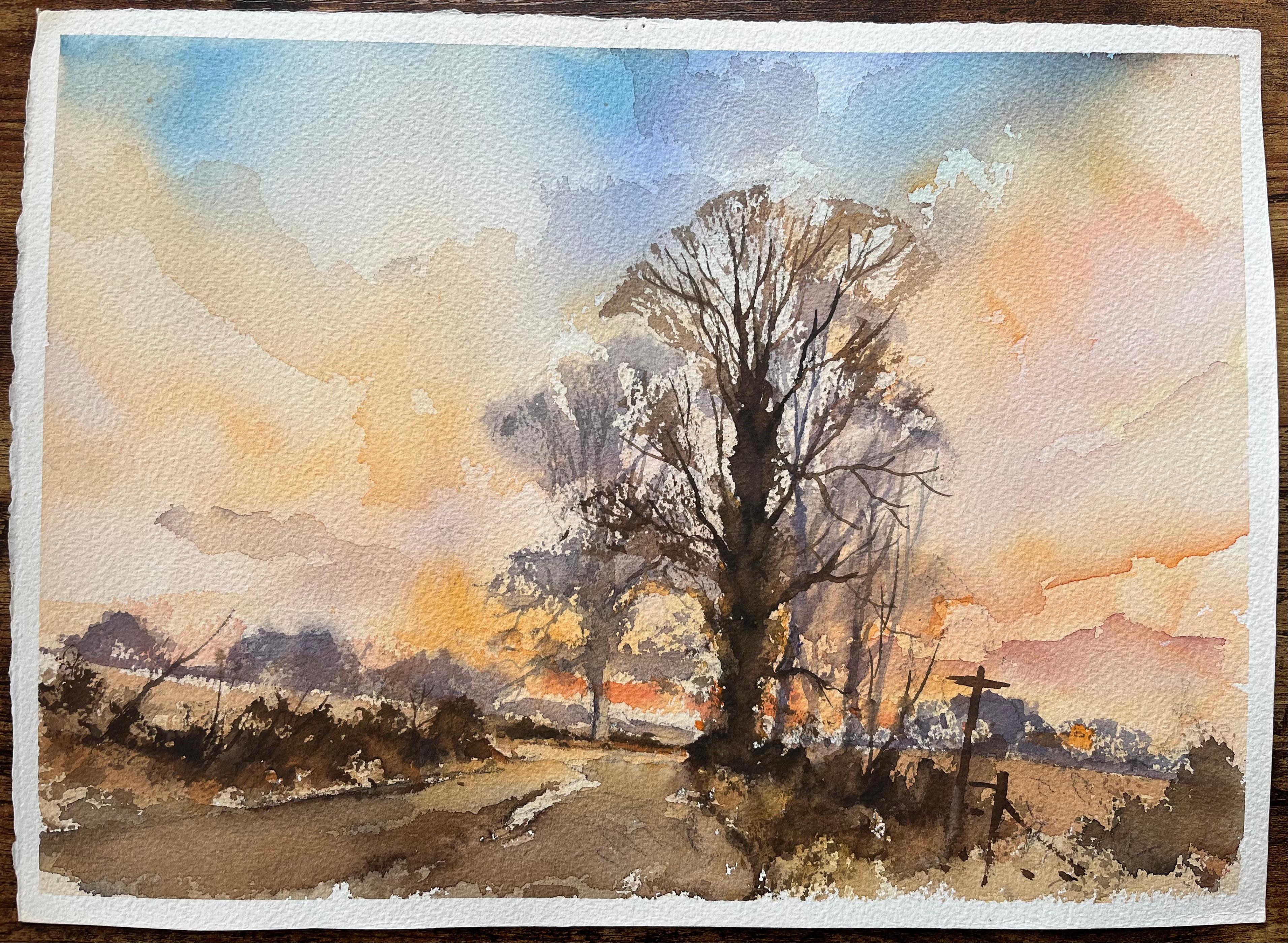 Aquarelle impressionniste britannique d'un sentier de campagne au coucher du soleil avec silhouette d'arbre - Painting de Anthony Avery