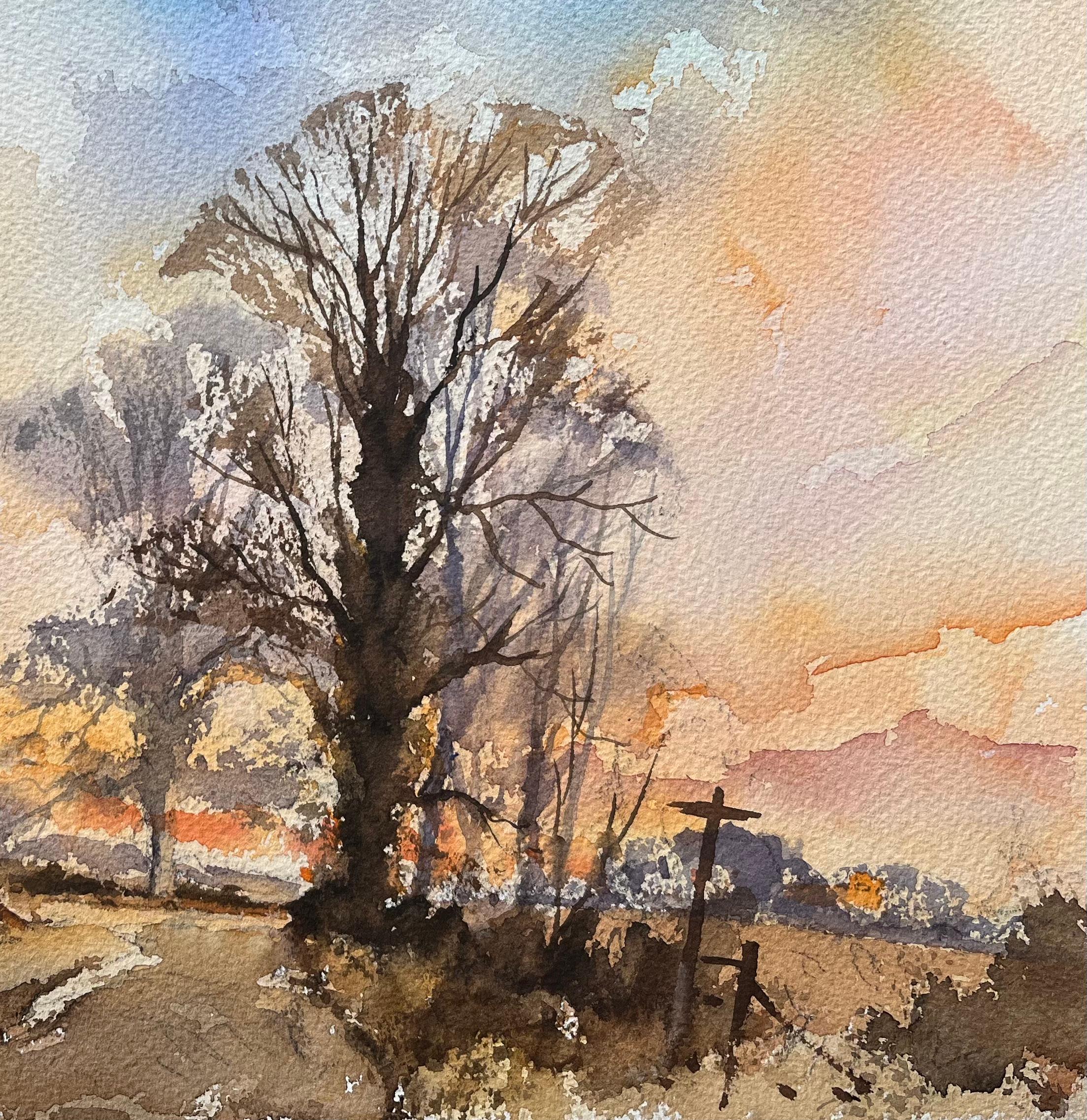 Aquarelle impressionniste britannique d'un sentier de campagne au coucher du soleil avec silhouette d'arbre - Impressionnisme Painting par Anthony Avery