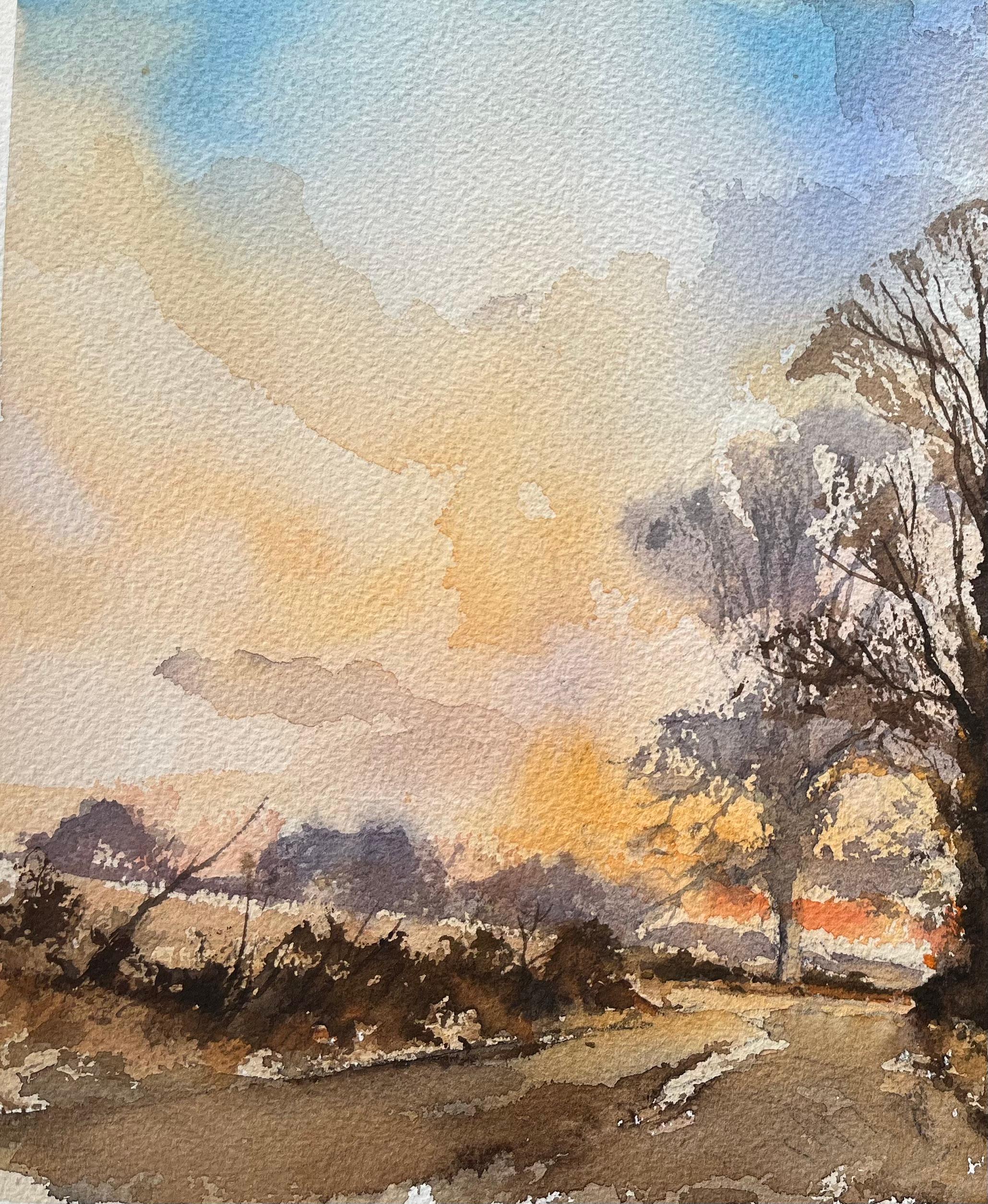 Titre : Aquarelle impressionniste britannique d'un chemin de campagne au coucher du soleil avec silhouette d'arbre
par Anthony Avery (britannique 1946-2023)
Aquarelle originale sur papier d'artiste, non encadrée
Dimensions : 11 x 15.25 pouces