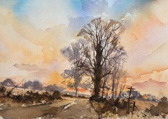 Britischer Impressionist Aquarell von Landweg bei Sonnenuntergang mit silhouetted Baum