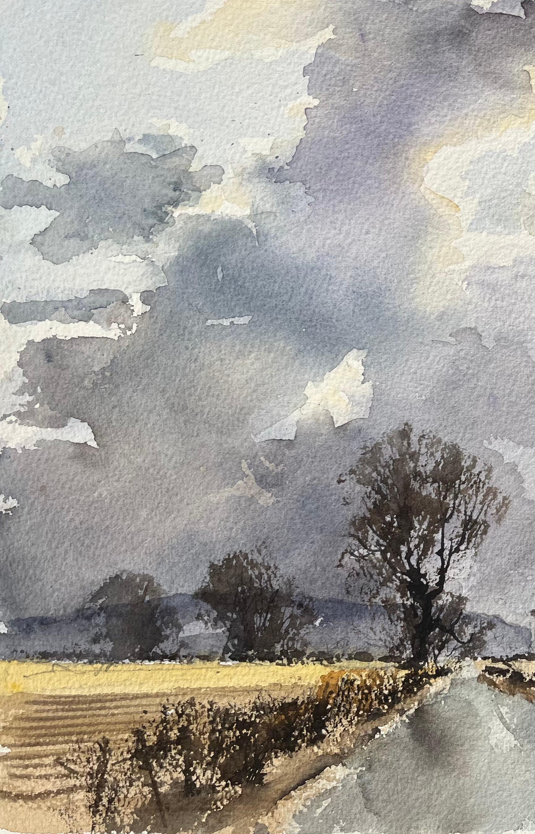Acquerello impressionista britannico di una strada di campagna che conduce agli edifici della fattoria - Landscape Painting Grigio di Anthony Avery