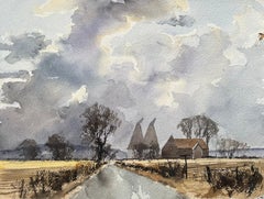 Britisches impressionistisches Aquarell einer Landstraße, die zu Bauerngebäuden führt, im britischenstil