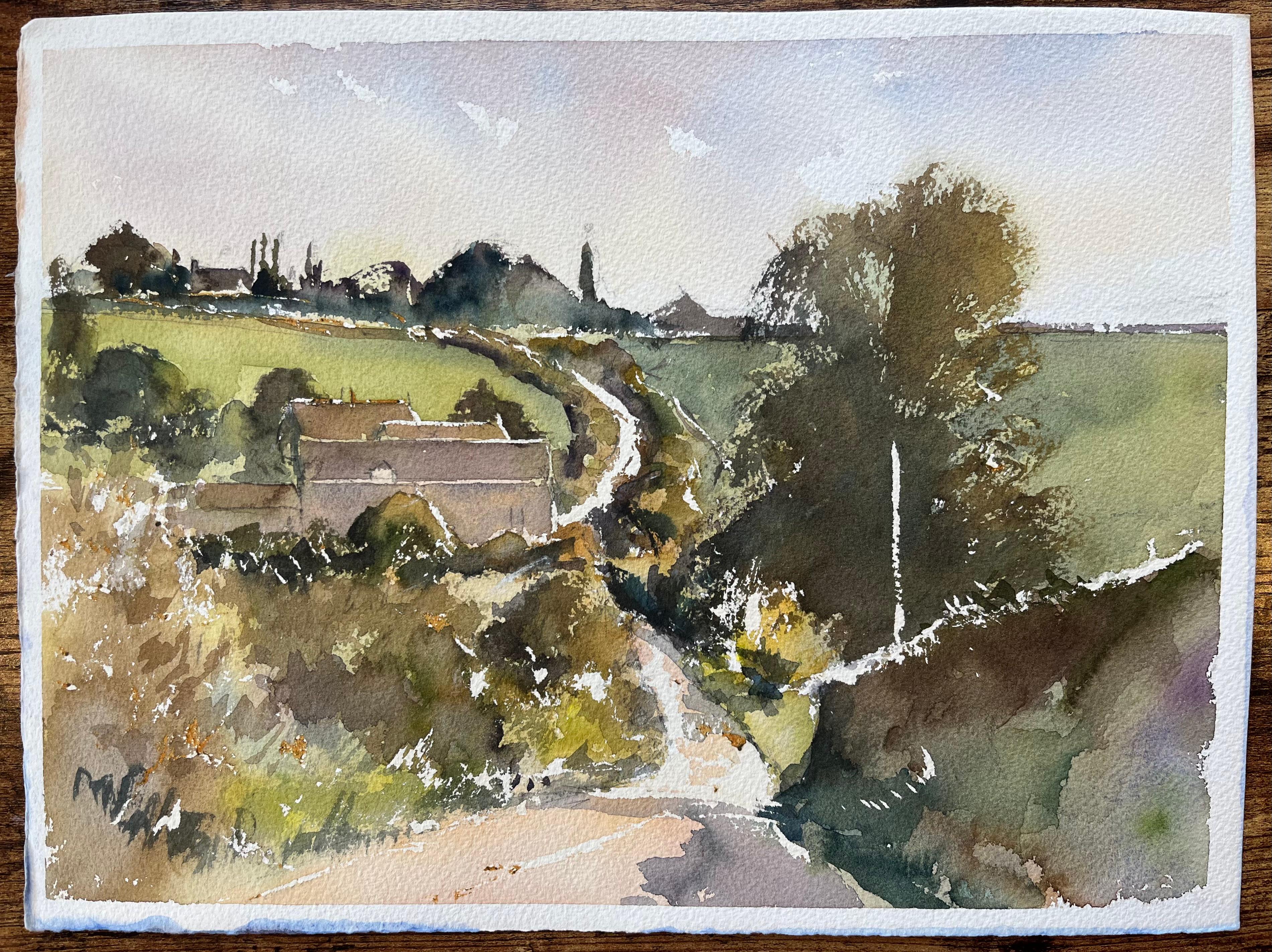 Britischer Impressionist Aquarell der Landstraße durch rollende Felder – Painting von Anthony Avery