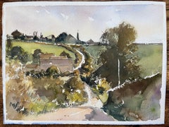 British Impressionist Watercolor of Country Road Through Rolling Fields