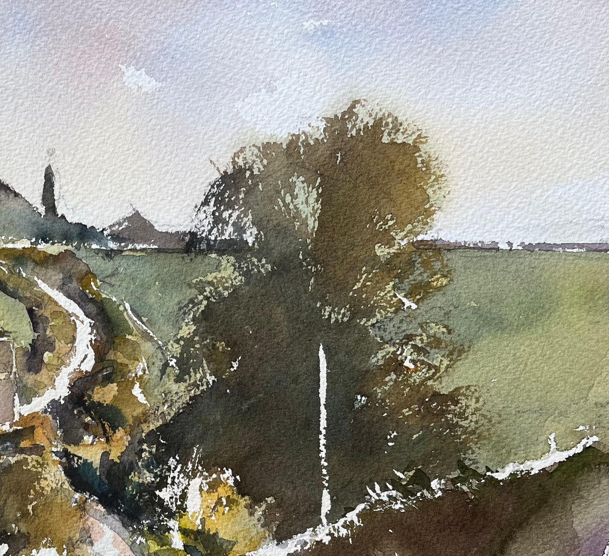 Britischer Impressionist Aquarell der Landstraße durch rollende Felder (Impressionismus), Painting, von Anthony Avery