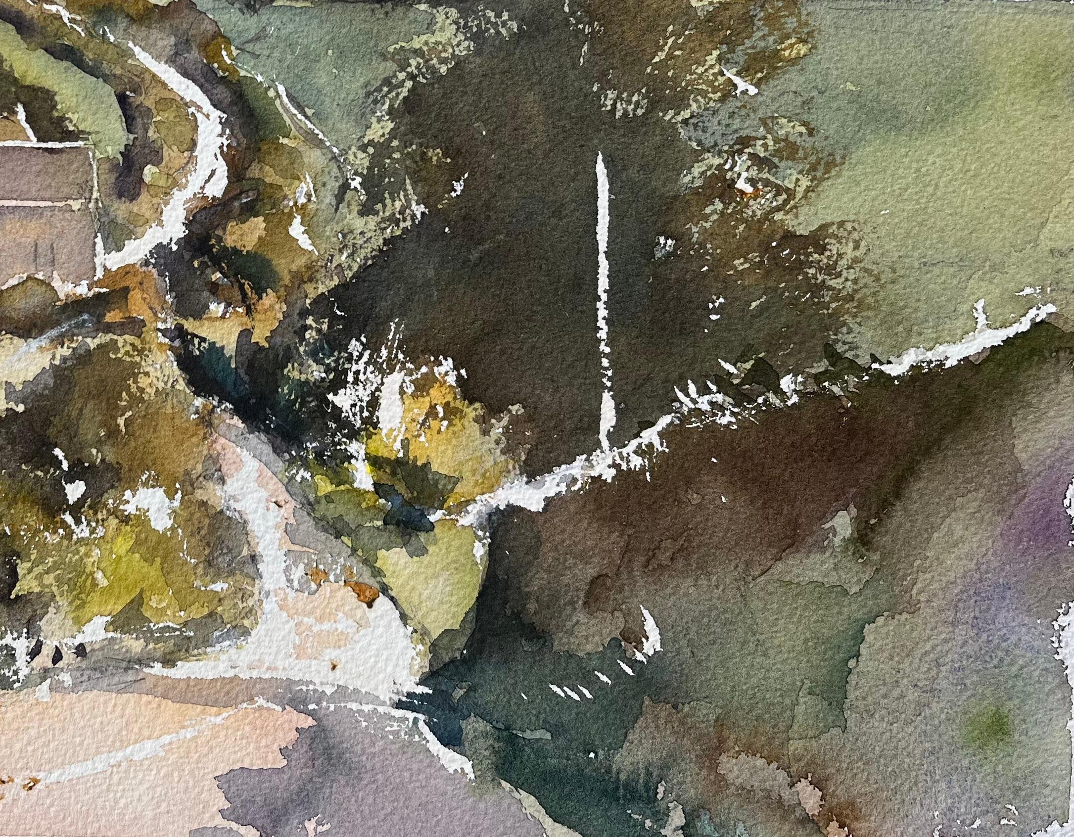 Britischer Impressionist Aquarell der Landstraße durch rollende Felder (Braun), Landscape Painting, von Anthony Avery