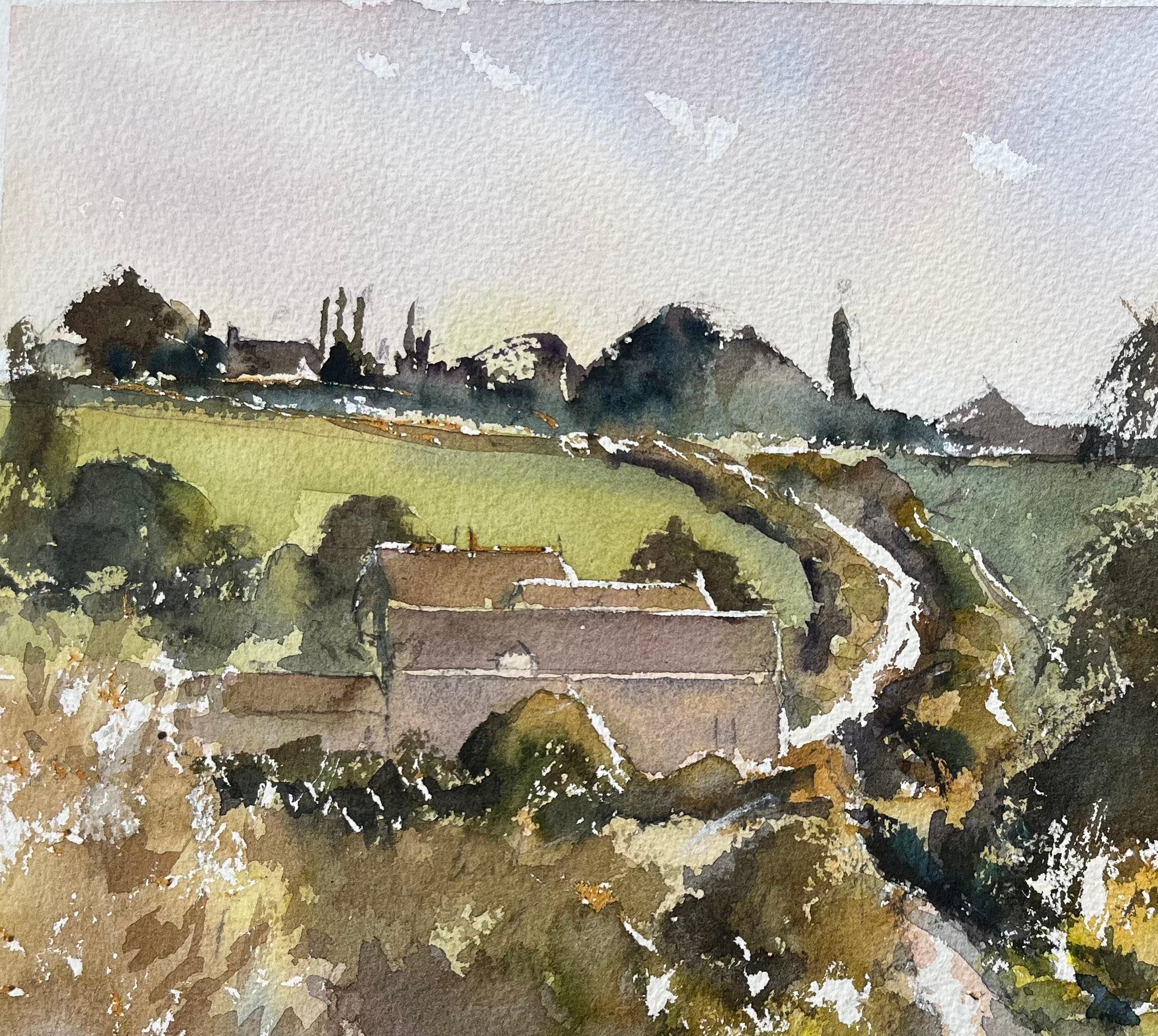 Titel: Britischer Impressionist - Aquarell einer Landstraße durch wogende Felder
von Anthony Avery (Brite 1946-2023)
Original-Aquarell auf Künstlerpapier, ungerahmt
Abmessungen: 11,25 x 15 Zoll (Höhe x Breite)
Zustand: Gut, mit leichten