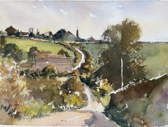 Aquarelle impressionniste britannique d'une route de campagne à travers des champs de céréales