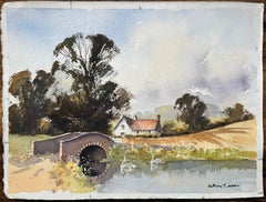 British Impressionist Watercolor of Countryside Bridge, River, and Cottage Scene