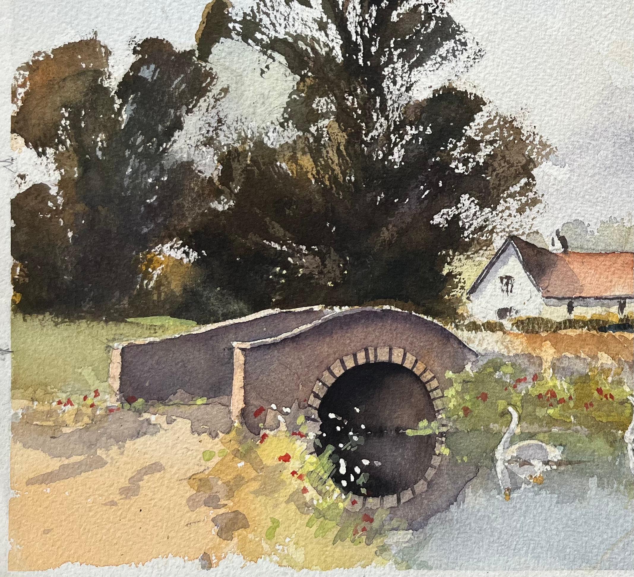 Acuarela Impresionista Británica de Puente Rural, Río y Escena de Cabaña - Landscape Painting Gris de Anthony Avery