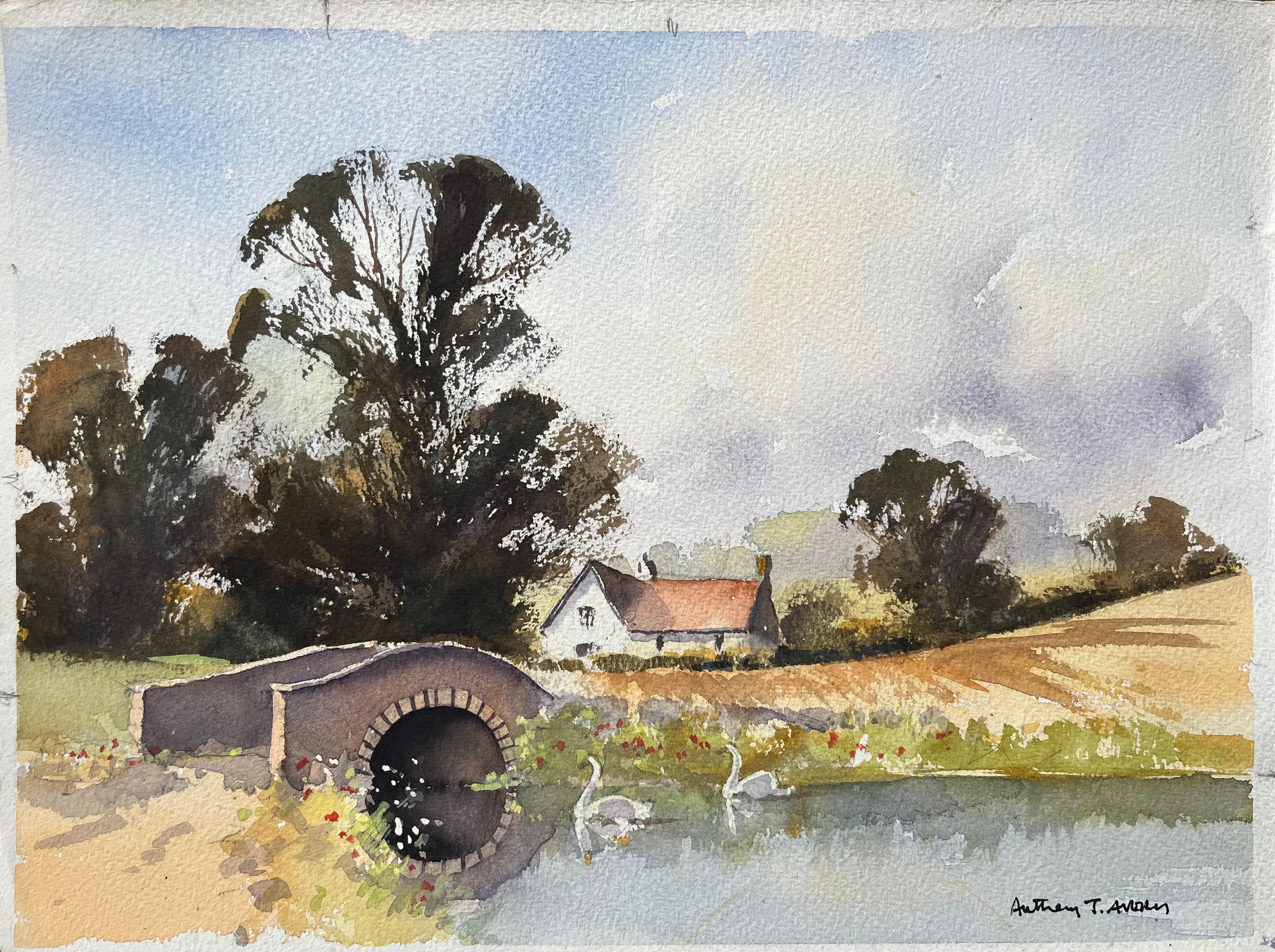 Landscape Painting de Anthony Avery - Acuarela Impresionista Británica de Puente Rural, Río y Escena de Cabaña