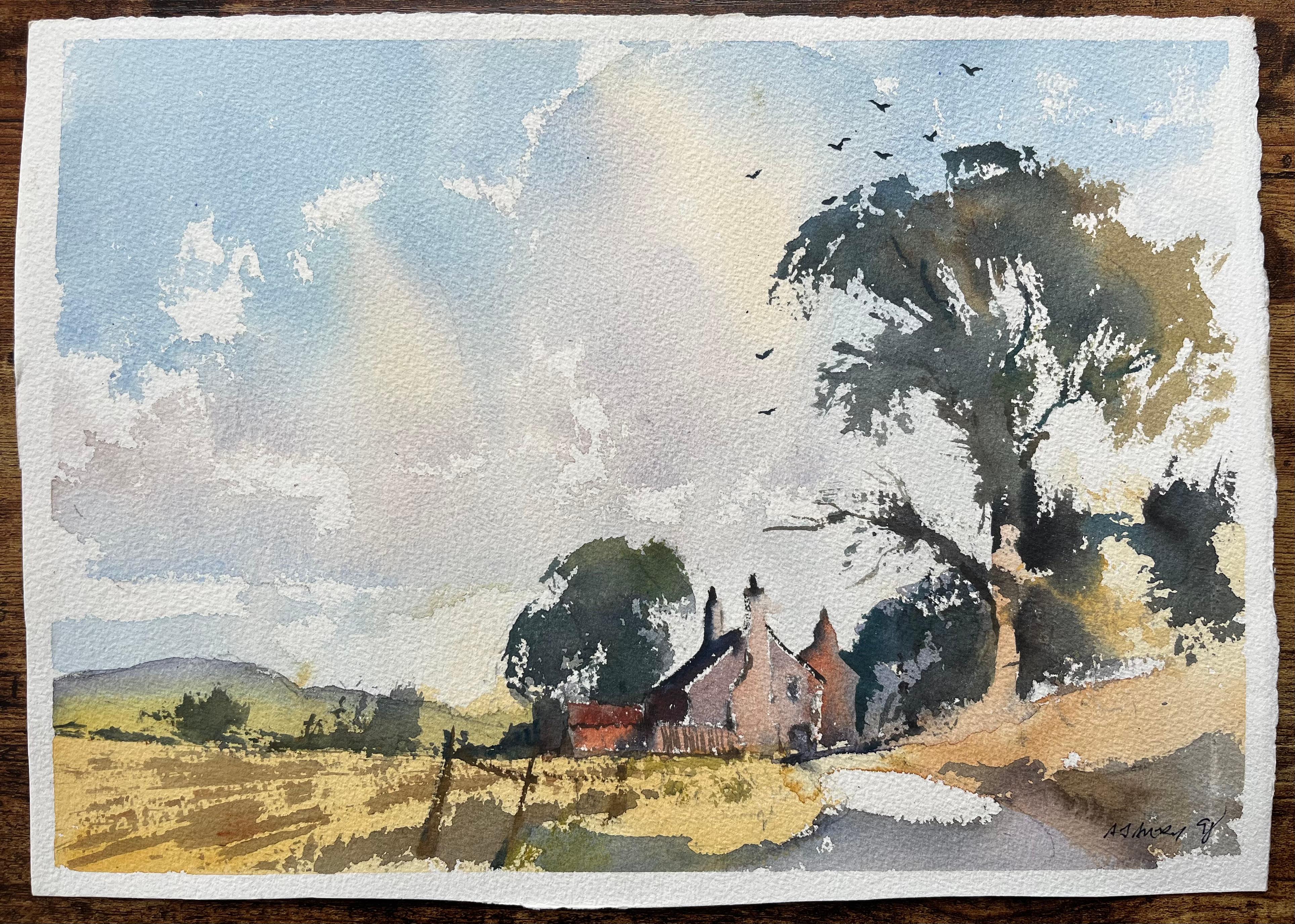 Aquarelle impressionniste britannique représentant un cottage de campagne avec des champs vallonnés - Painting de Anthony Avery