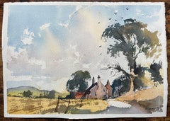Aquarelle impressionniste britannique représentant un cottage de campagne avec des champs vallonnés