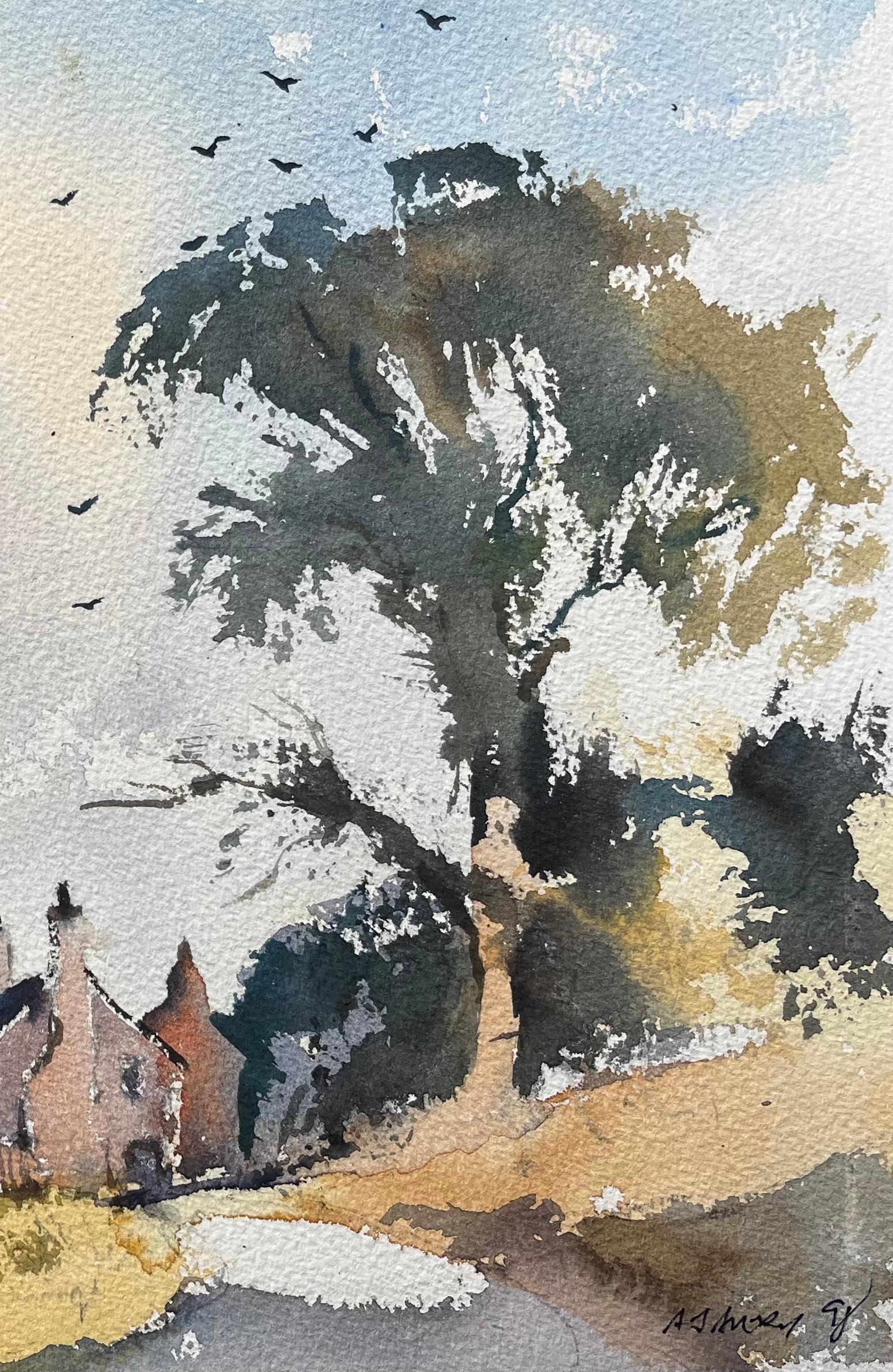 Aquarelle impressionniste britannique représentant un cottage de campagne avec des champs vallonnés - Impressionnisme Painting par Anthony Avery