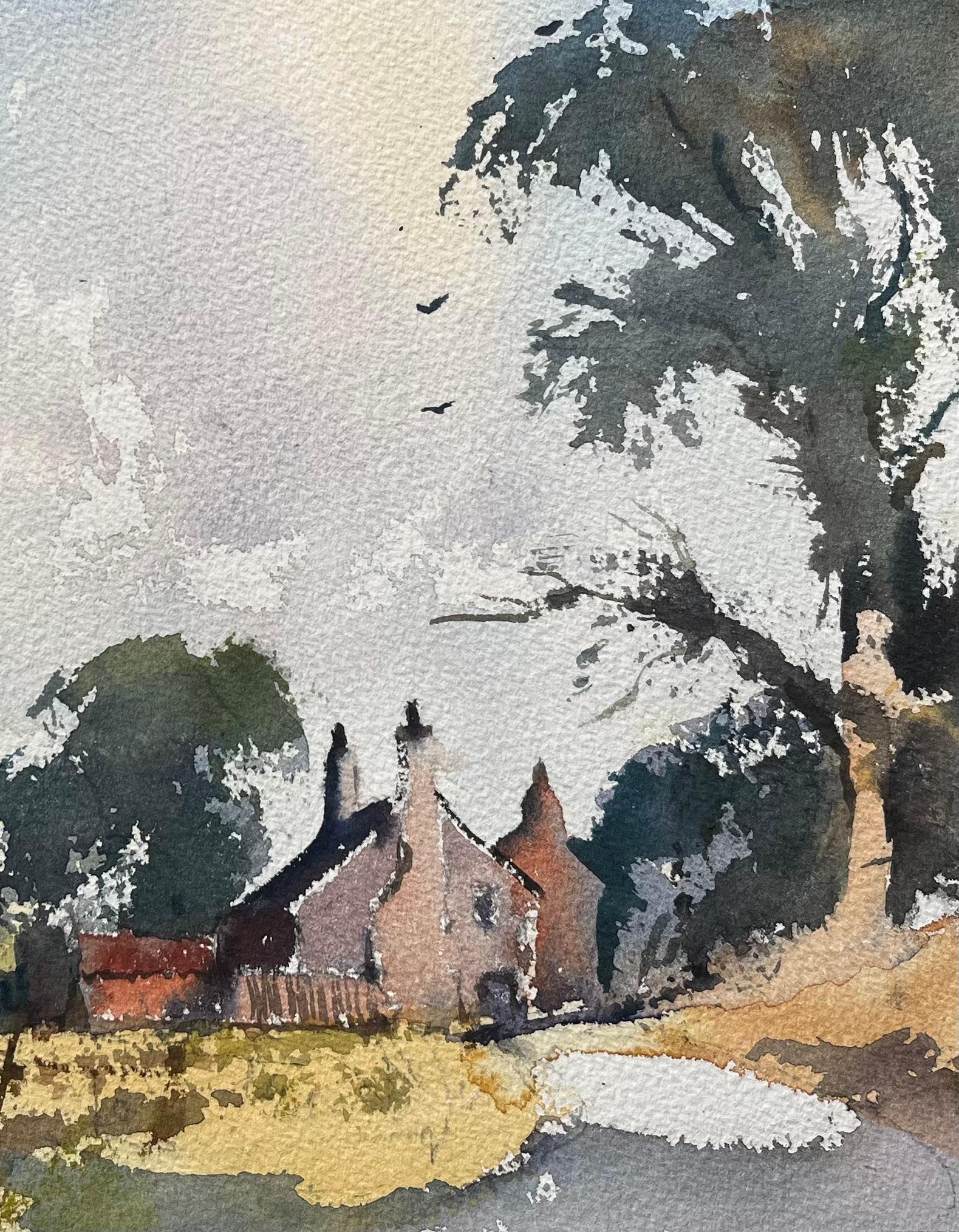 Titre : Aquarelle impressionniste britannique d'un cottage de campagne avec des champs vallonnés
par Anthony Avery (britannique 1946-2023)
Aquarelle originale sur papier d'artiste, non encadrée
Dimensions : 10.75 x 15.25 pouces (Hauteur x